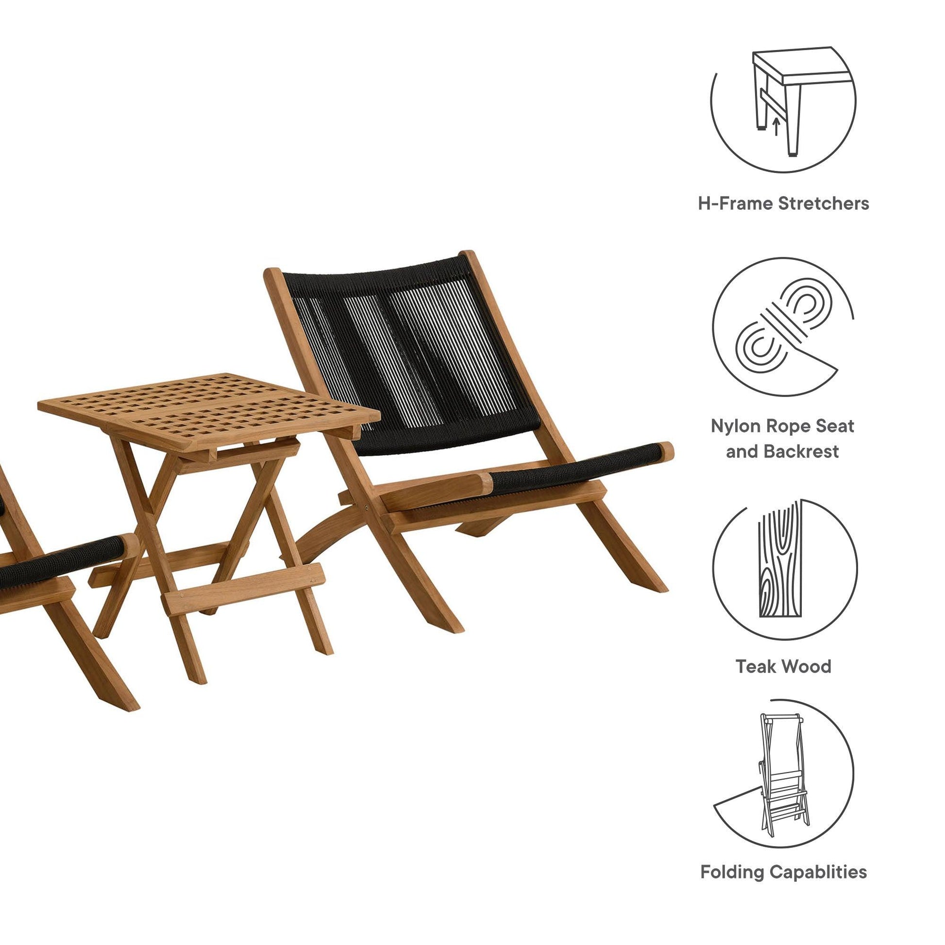 Vienna 3-Piece Outdoor Patio Teak and Rope Folding Lounge Chairs and Side Table by Modway FredCo
