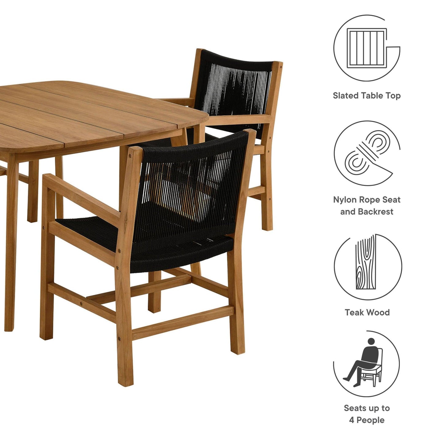 Vienna 5-Piece Outdoor Patio Teak and Rope Dining Set with Armchairs by Modway FredCo