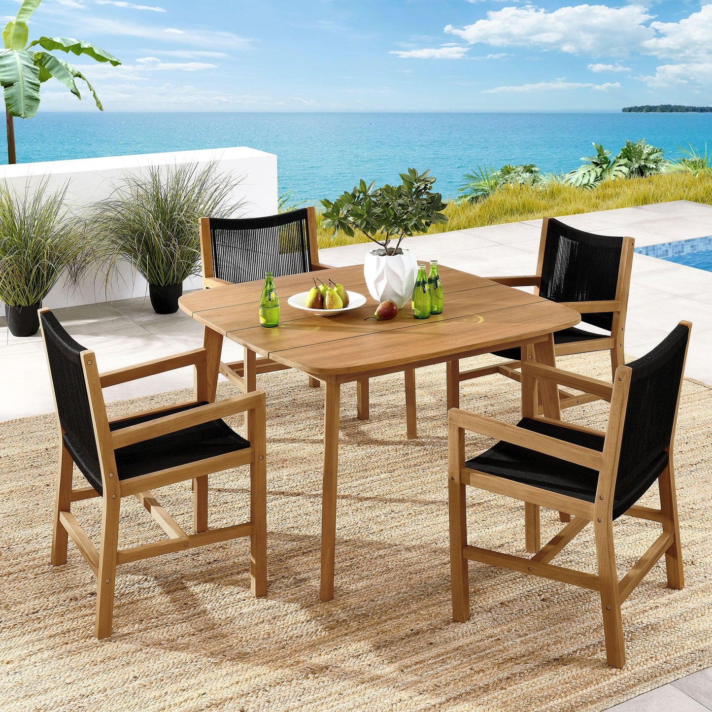 Vienna 5-Piece Outdoor Patio Teak and Rope Dining Set with Armchairs by Modway FredCo