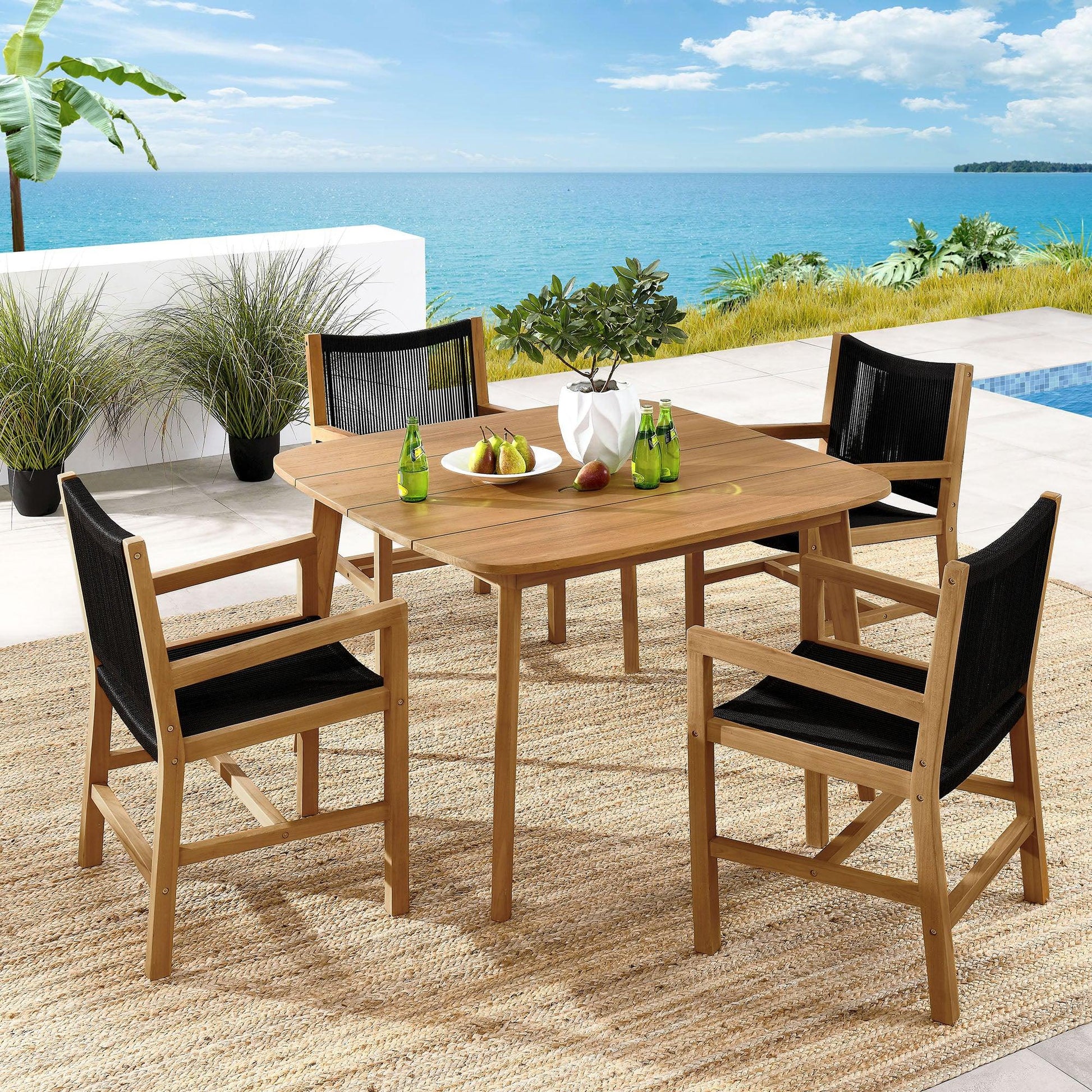 Vienna 5-Piece Outdoor Patio Teak and Rope Dining Set with Armchairs by Modway FredCo