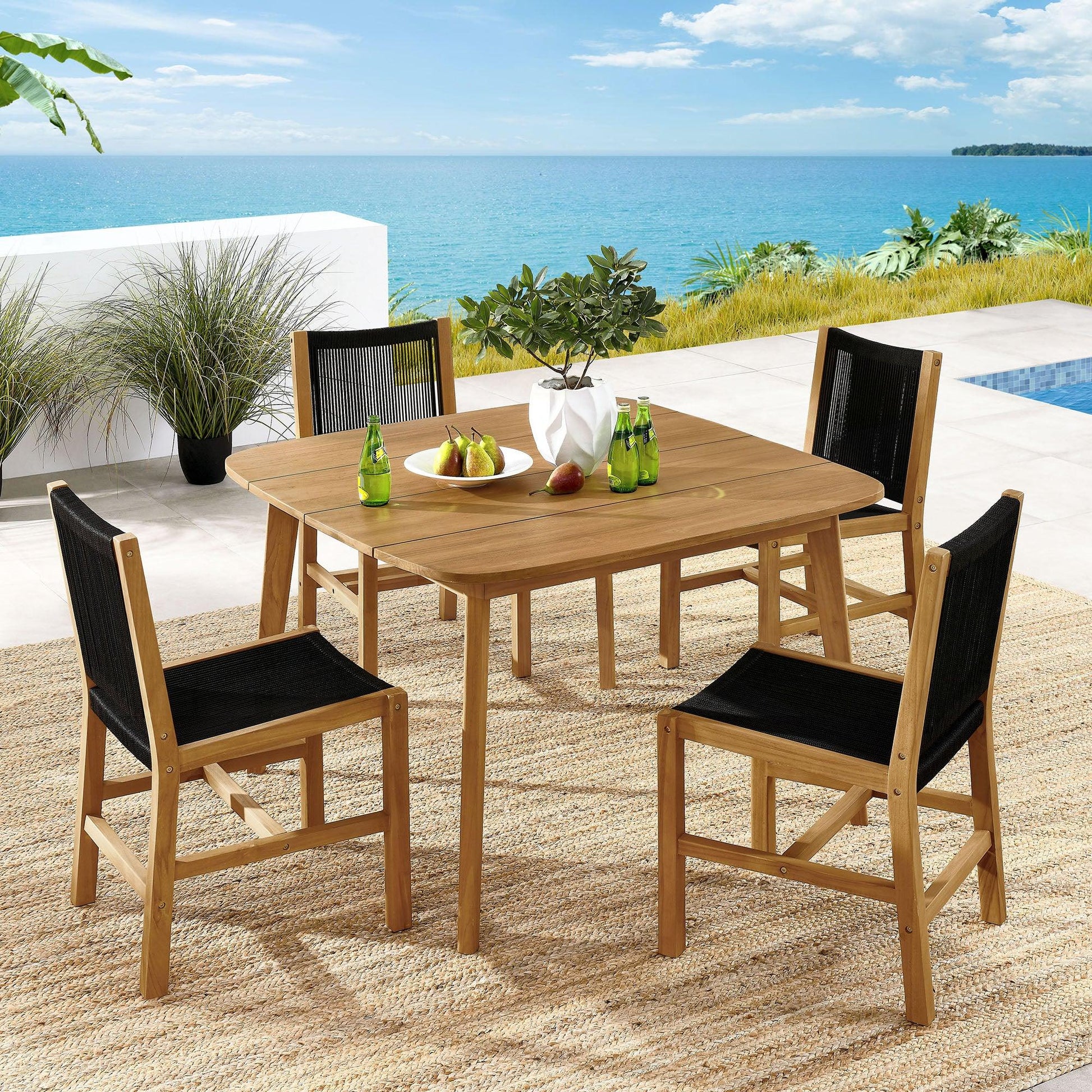 Vienna 5-Piece Outdoor Patio Teak and Rope Dining Set with Armless Chairs by Modway FredCo