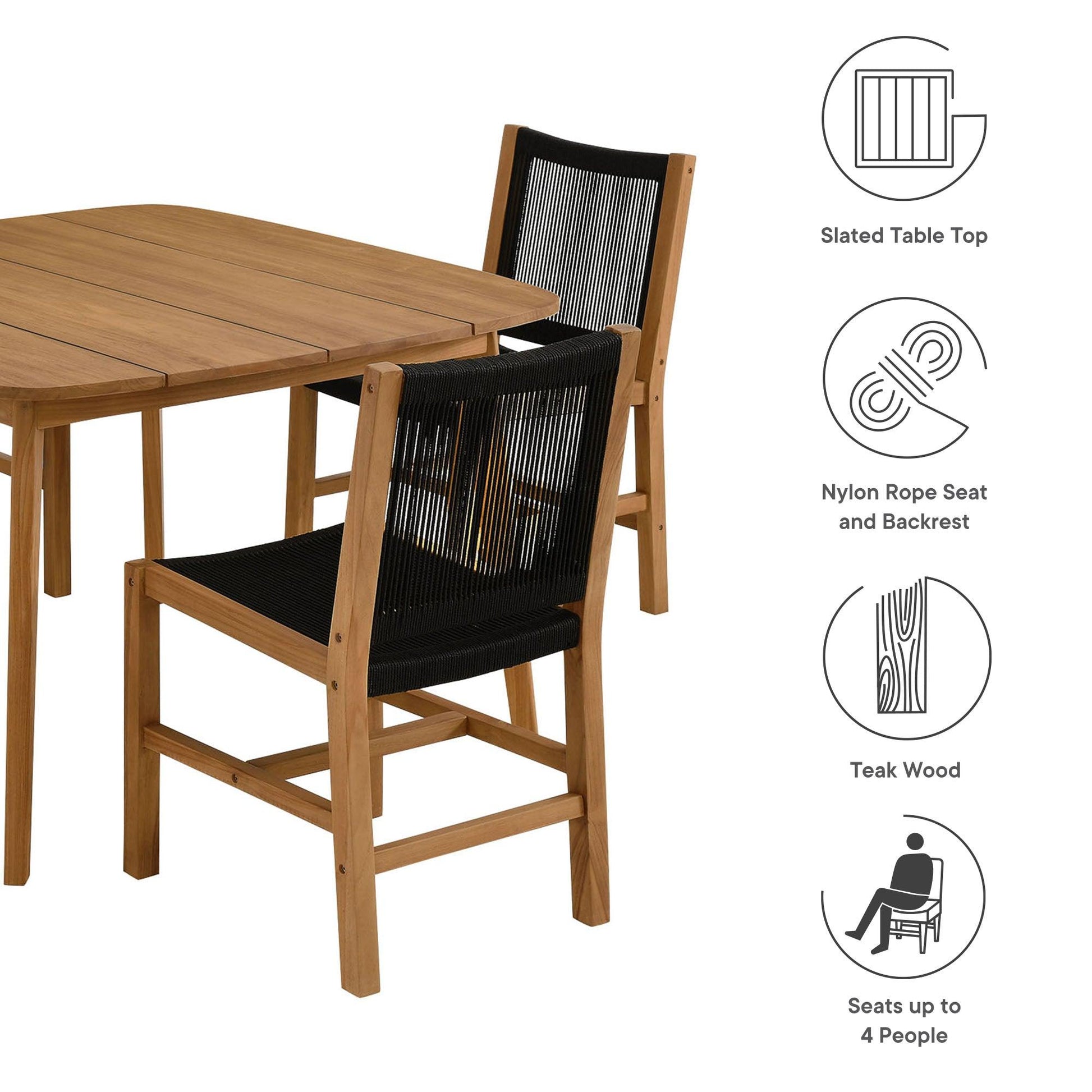 Vienna 5-Piece Outdoor Patio Teak and Rope Dining Set with Armless Chairs by Modway FredCo