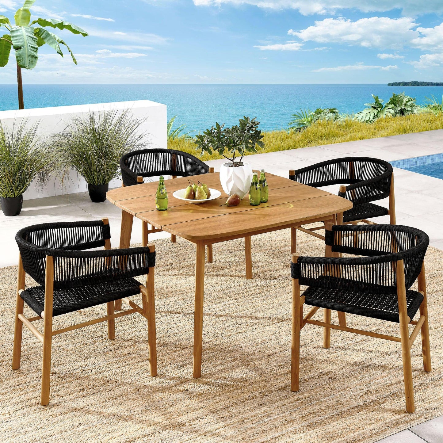 Vienna 5-Piece Outdoor Patio Teak and Rope Dining Set with Curved-Back Armchairs by Modway FredCo