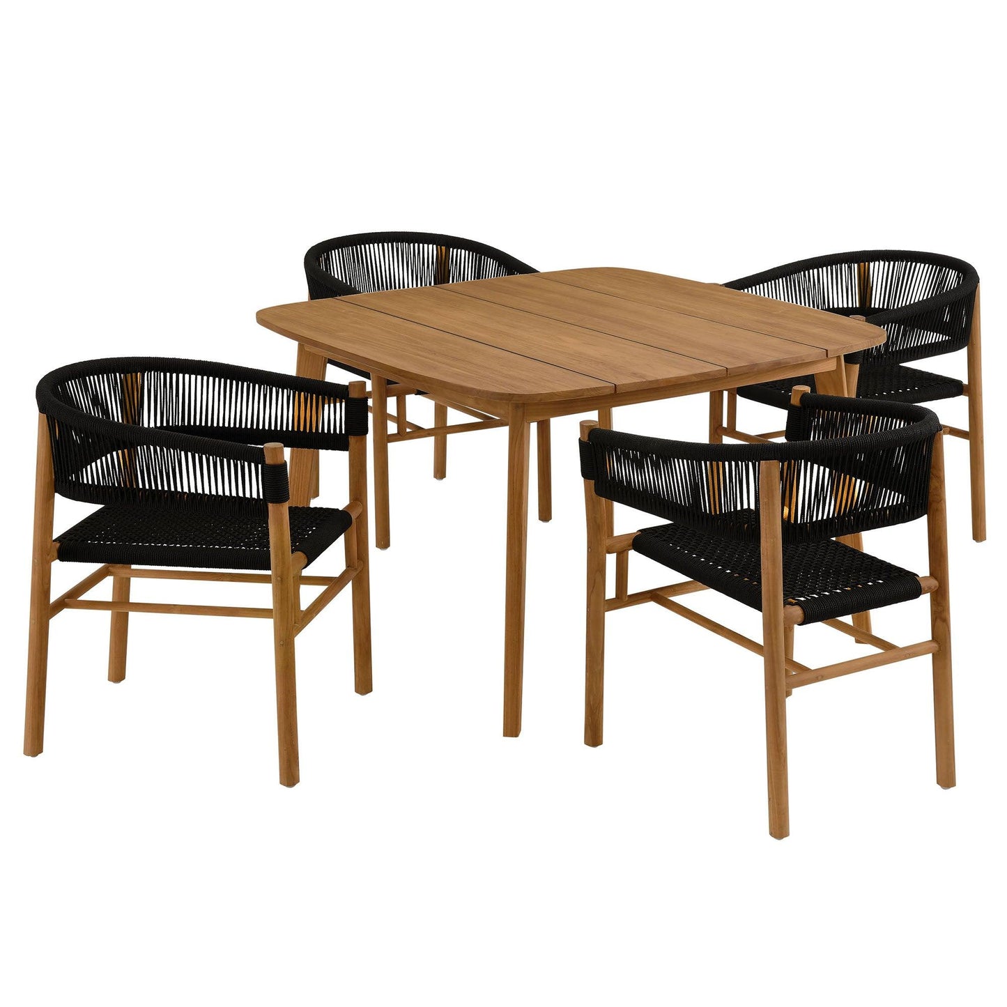 Vienna 5-Piece Outdoor Patio Teak and Rope Dining Set with Curved-Back Armchairs by Modway FredCo