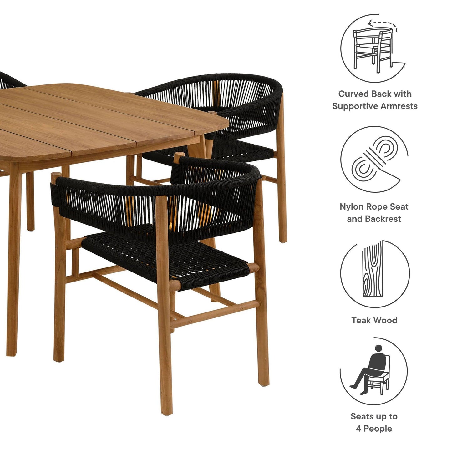 Vienna 5-Piece Outdoor Patio Teak and Rope Dining Set with Curved-Back Armchairs by Modway FredCo