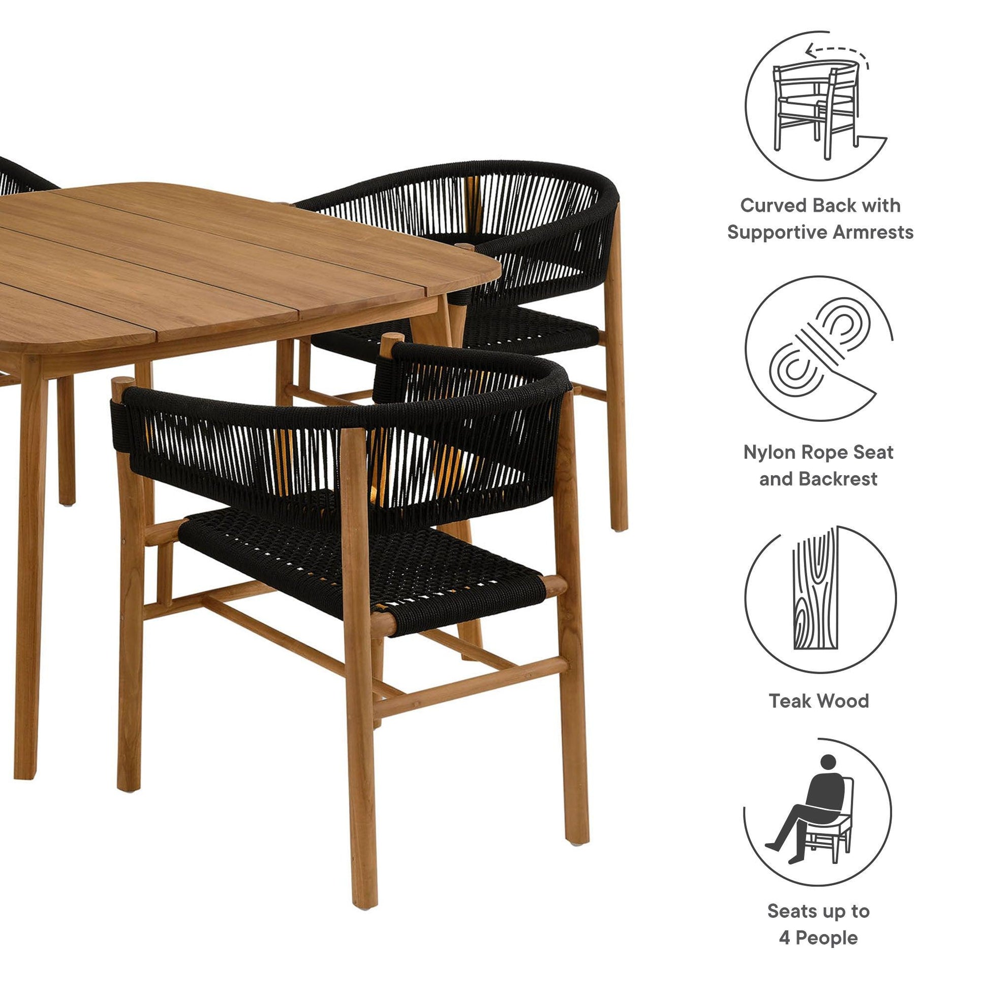 Vienna 5-Piece Outdoor Patio Teak and Rope Dining Set with Curved-Back Armchairs by Modway FredCo