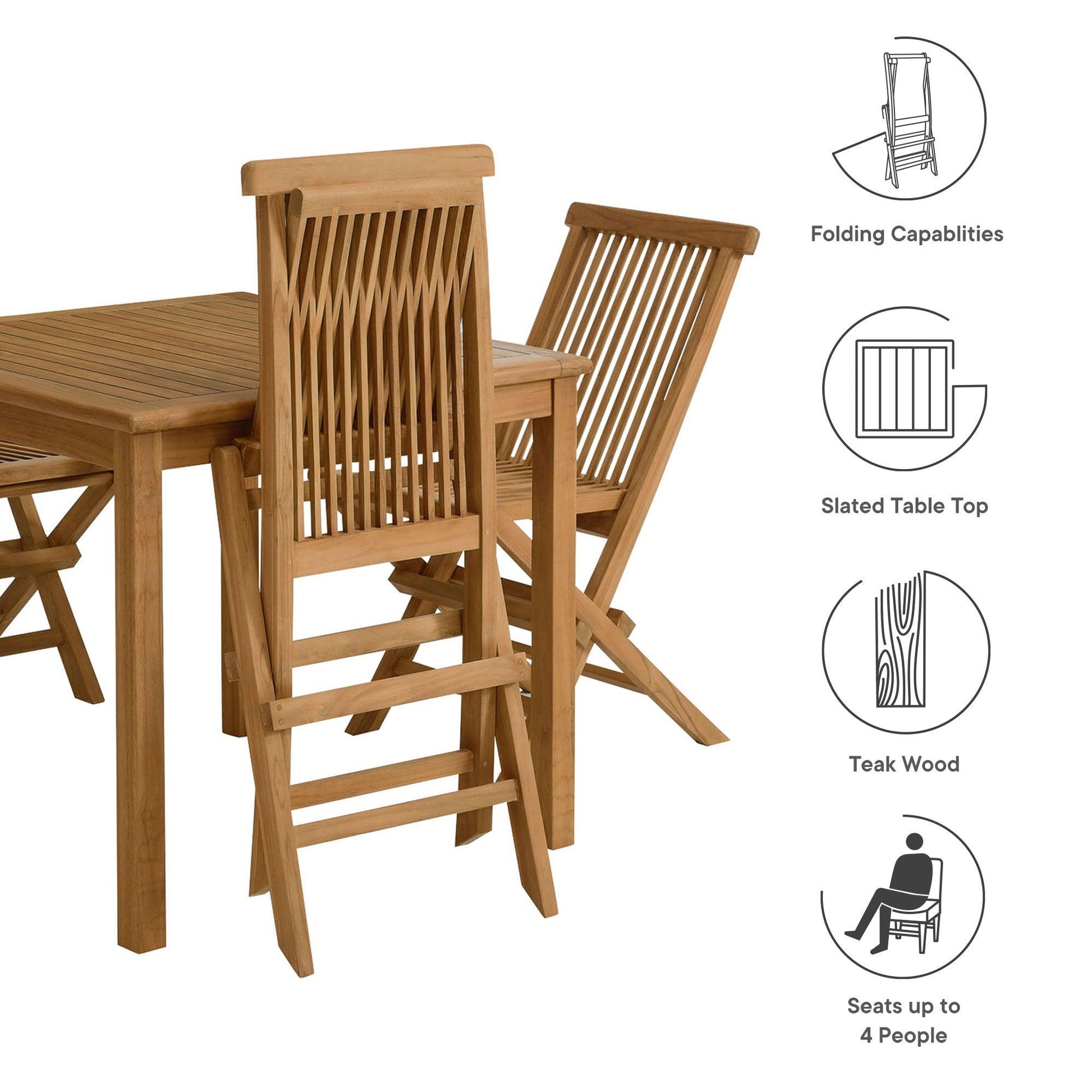 Vienna 5-Piece Outdoor Patio Teak Wood Dining Set with Folding Chairs by Modway FredCo