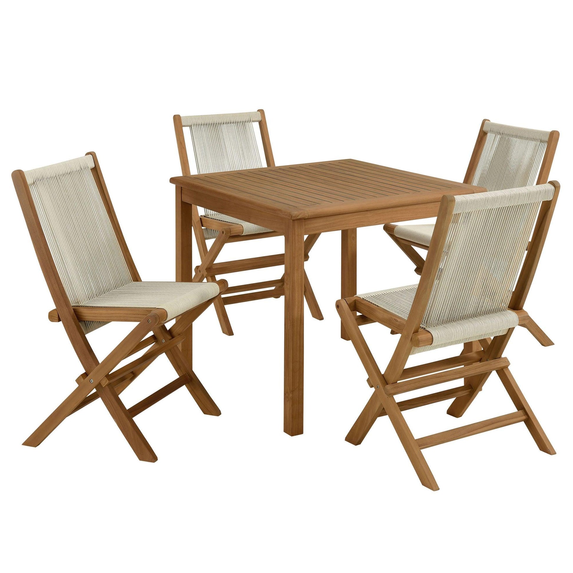 Vienna 5-Piece Outdoor Patio Teak Wood Dining Set with Rope Folding Chairs by Modway FredCo