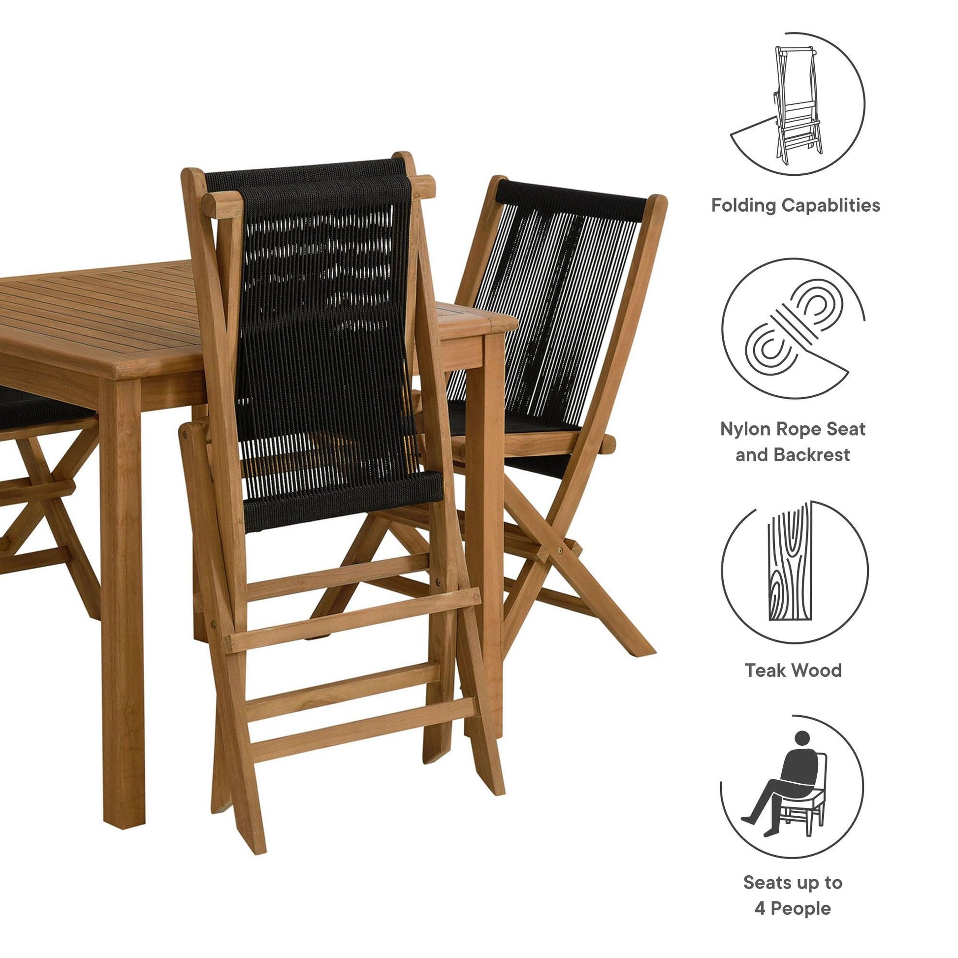 Vienna 5-Piece Outdoor Patio Teak Wood Dining Set with Rope Folding Chairs by Modway FredCo
