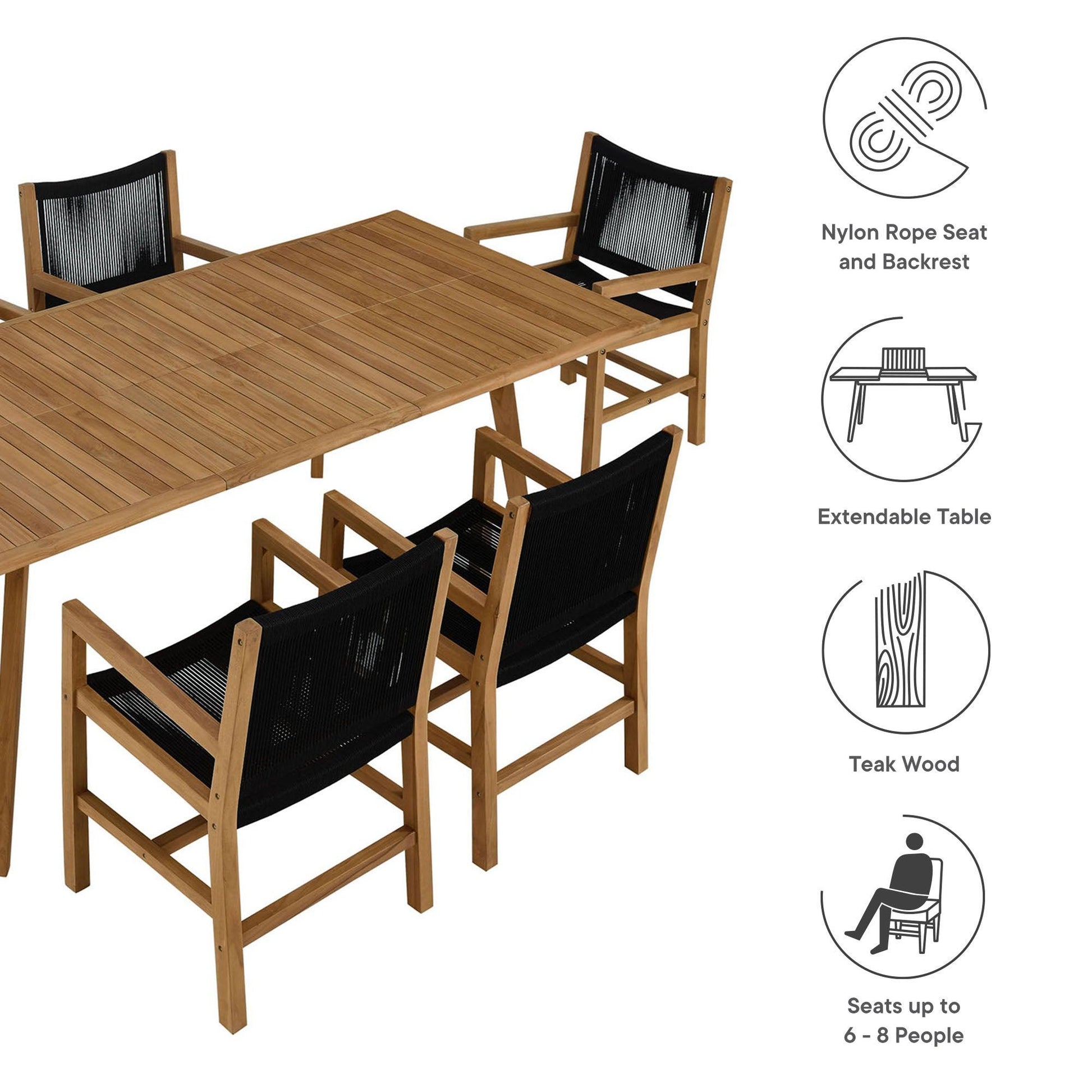 Vienna 7-Piece Outdoor Patio Teak and Rope Dining Set with Armchairs by Modway FredCo