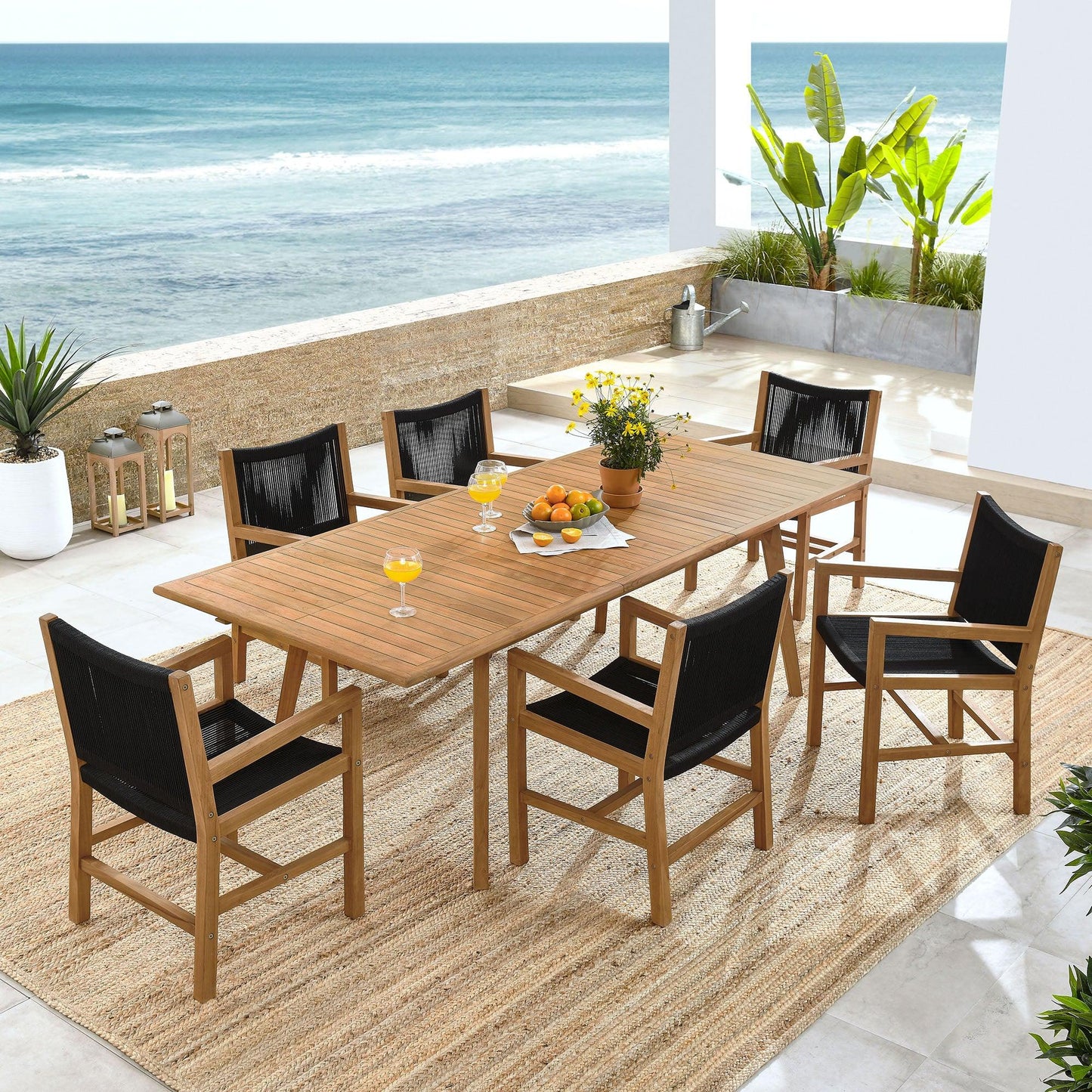 Vienna 7-Piece Outdoor Patio Teak and Rope Dining Set with Armchairs by Modway FredCo