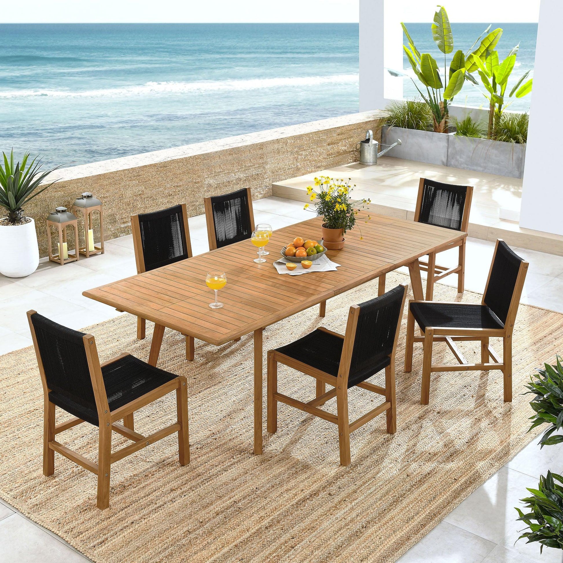 Vienna 7-Piece Outdoor Patio Teak and Rope Dining Set with Armless Chairs by Modway FredCo