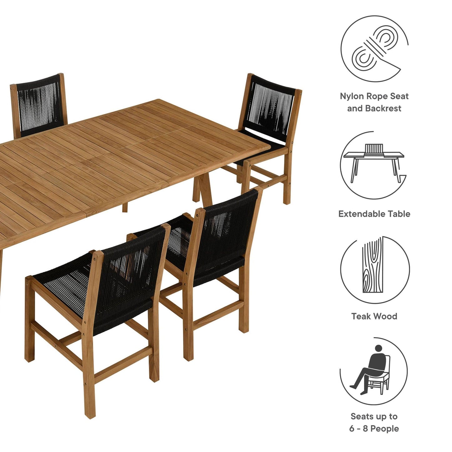 Vienna 7-Piece Outdoor Patio Teak and Rope Dining Set with Armless Chairs by Modway FredCo