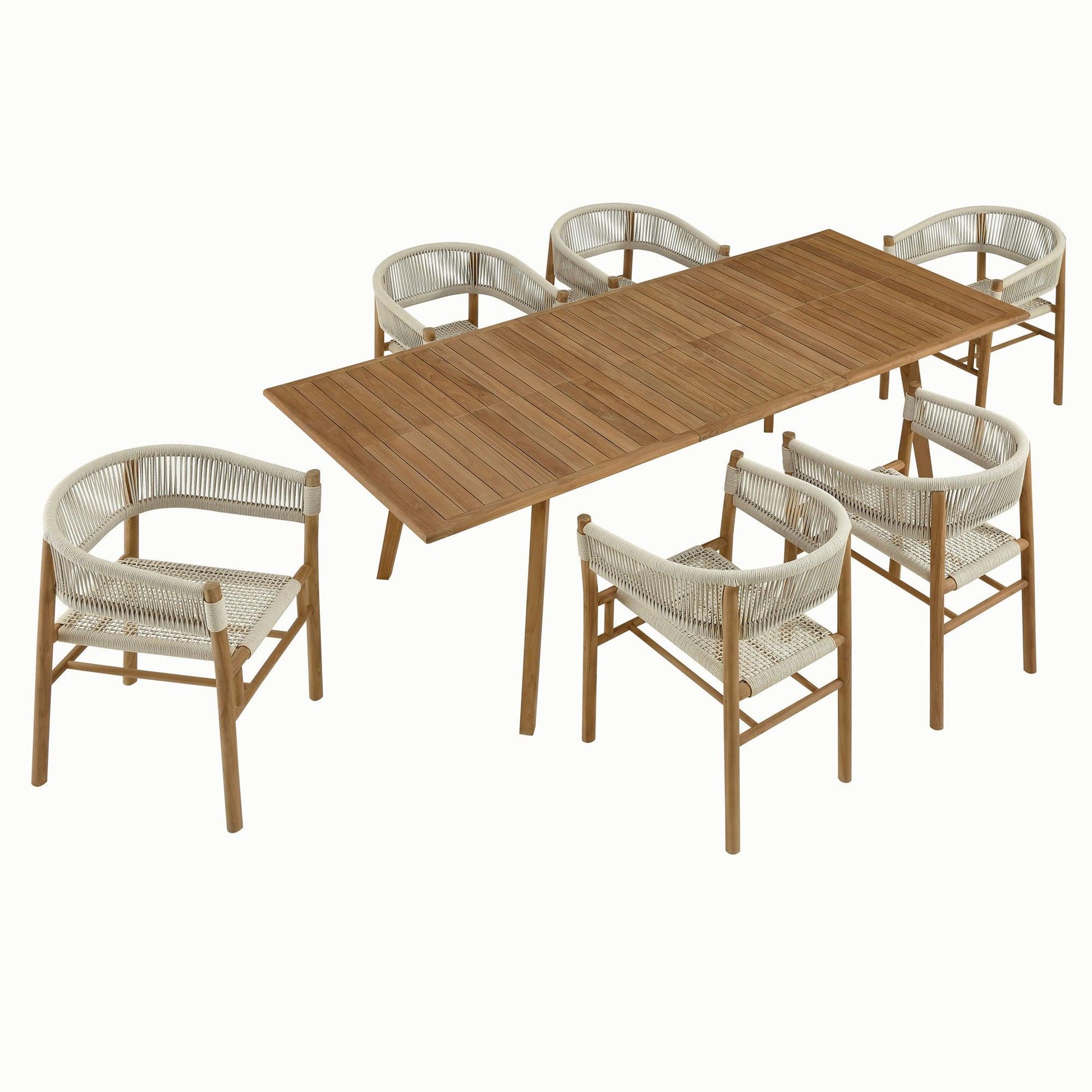 Vienna 7-Piece Outdoor Patio Teak and Rope Dining Set with Curved-Back Armchairs by Modway FredCo
