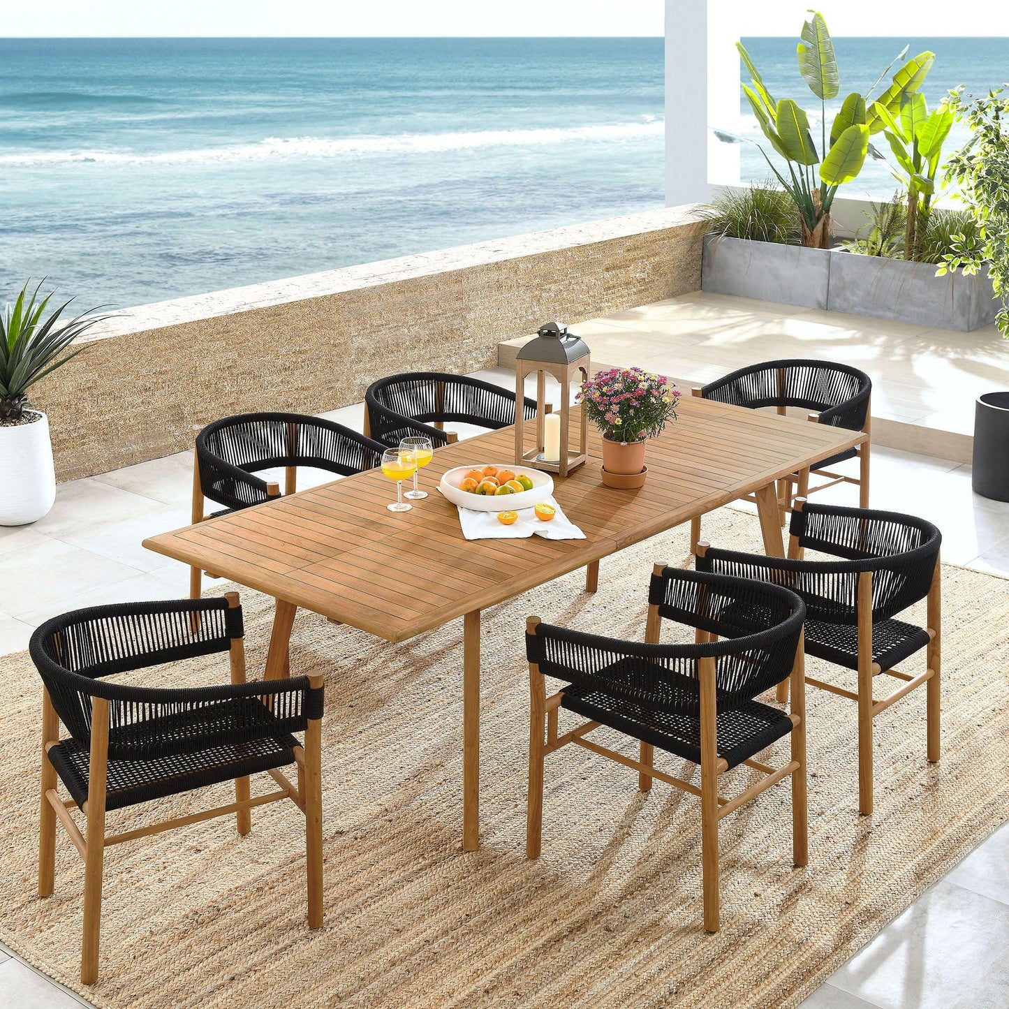 Vienna 7-Piece Outdoor Patio Teak and Rope Dining Set with Curved-Back Armchairs by Modway FredCo