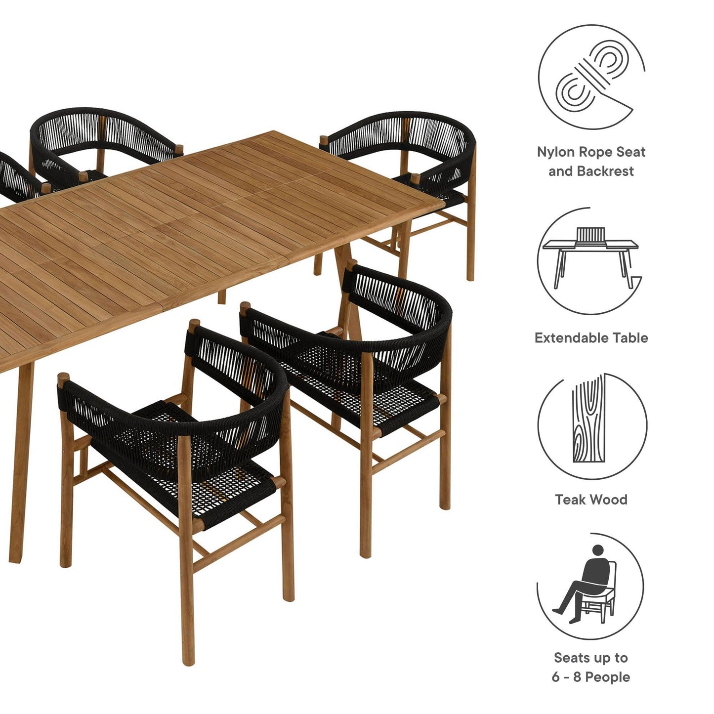 Vienna 7-Piece Outdoor Patio Teak and Rope Dining Set with Curved-Back Armchairs by Modway FredCo