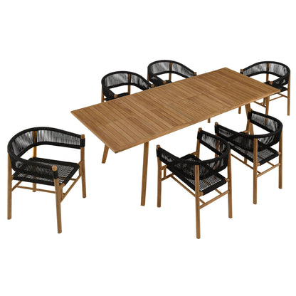 Vienna 7-Piece Outdoor Patio Teak and Rope Dining Set with Curved-Back Armchairs by Modway FredCo