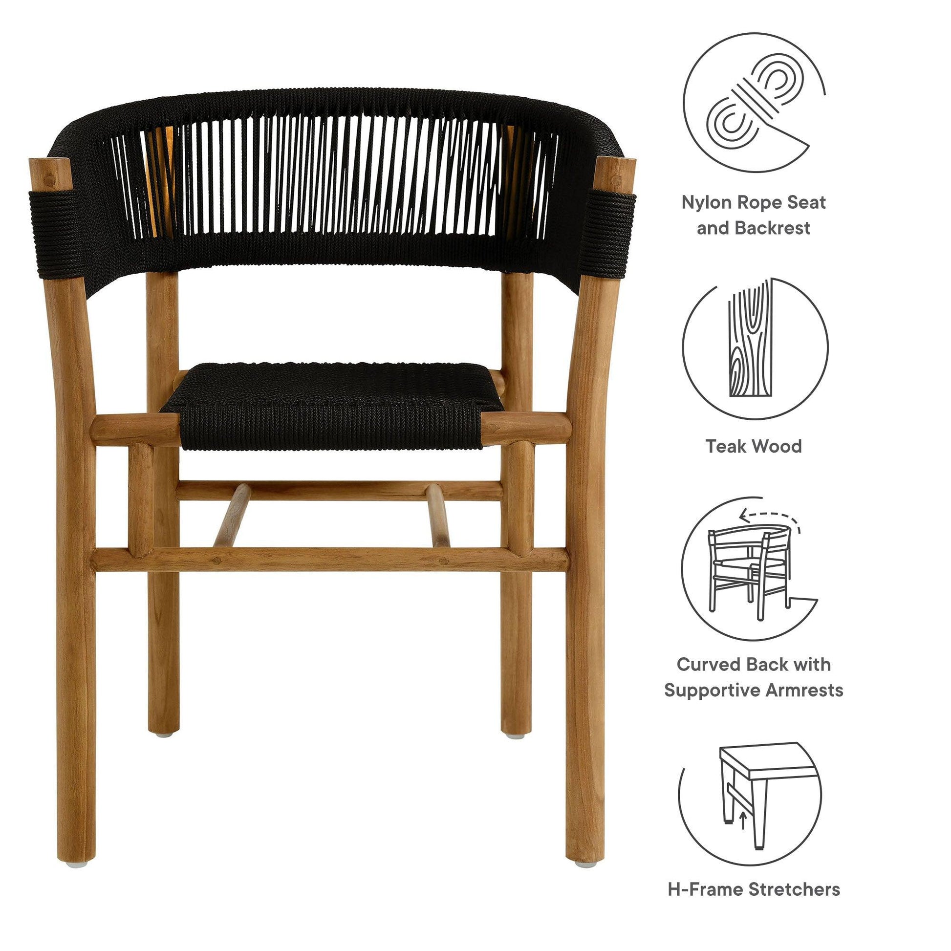 Vienna Outdoor Patio Teak and Rope Curved-Back Dining Armchairs Set of 2 by Modway FredCo