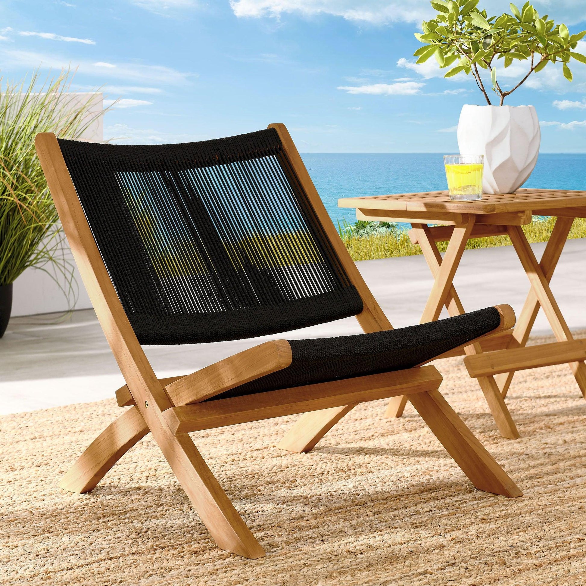 Vienna Outdoor Patio Teak and Rope Folding Accent Lounge Chair by Modway FredCo