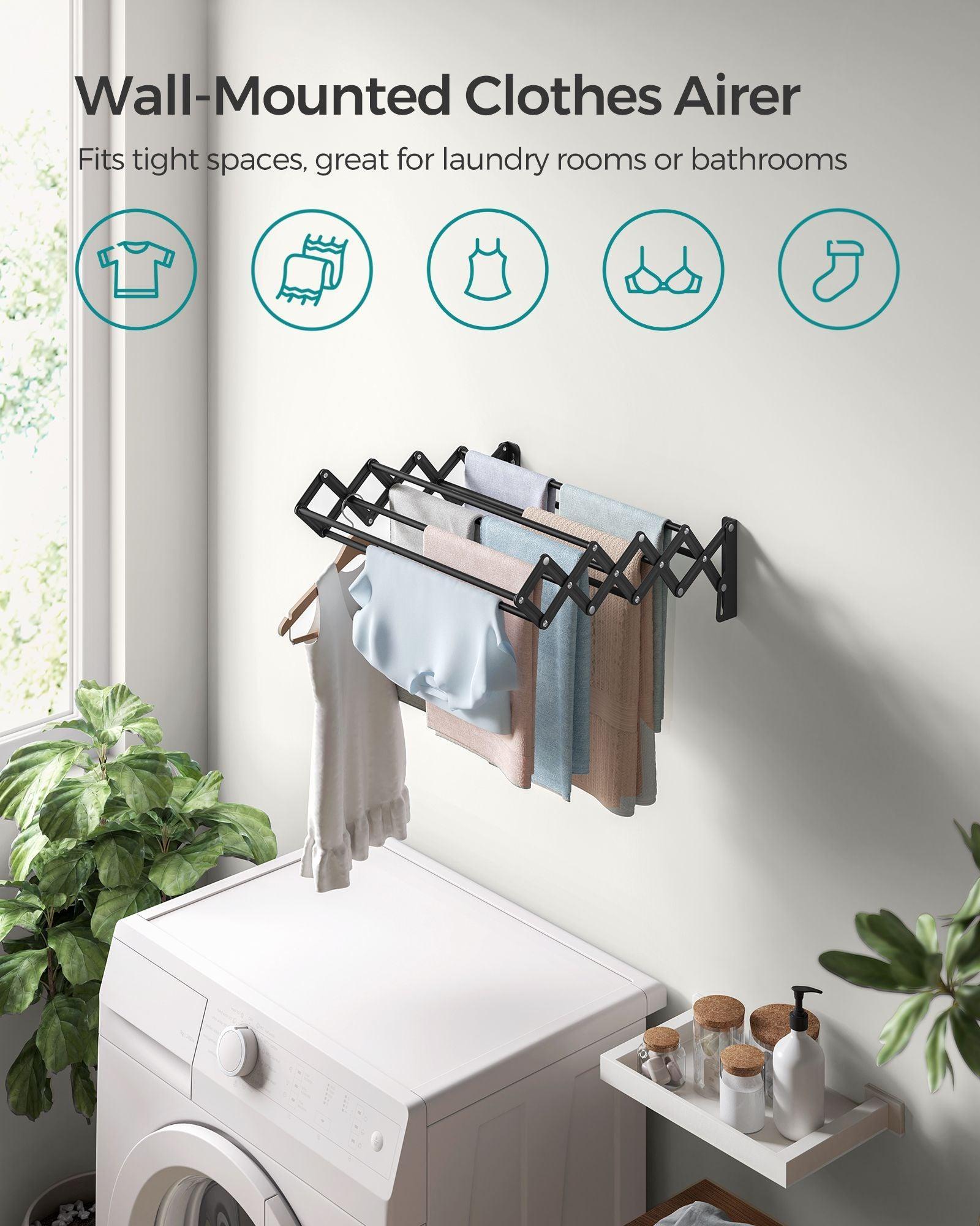 Wall-Mounted Expandable Steel Clothes Drying Rack with 9 Hanging Rods Ink Black FredCo