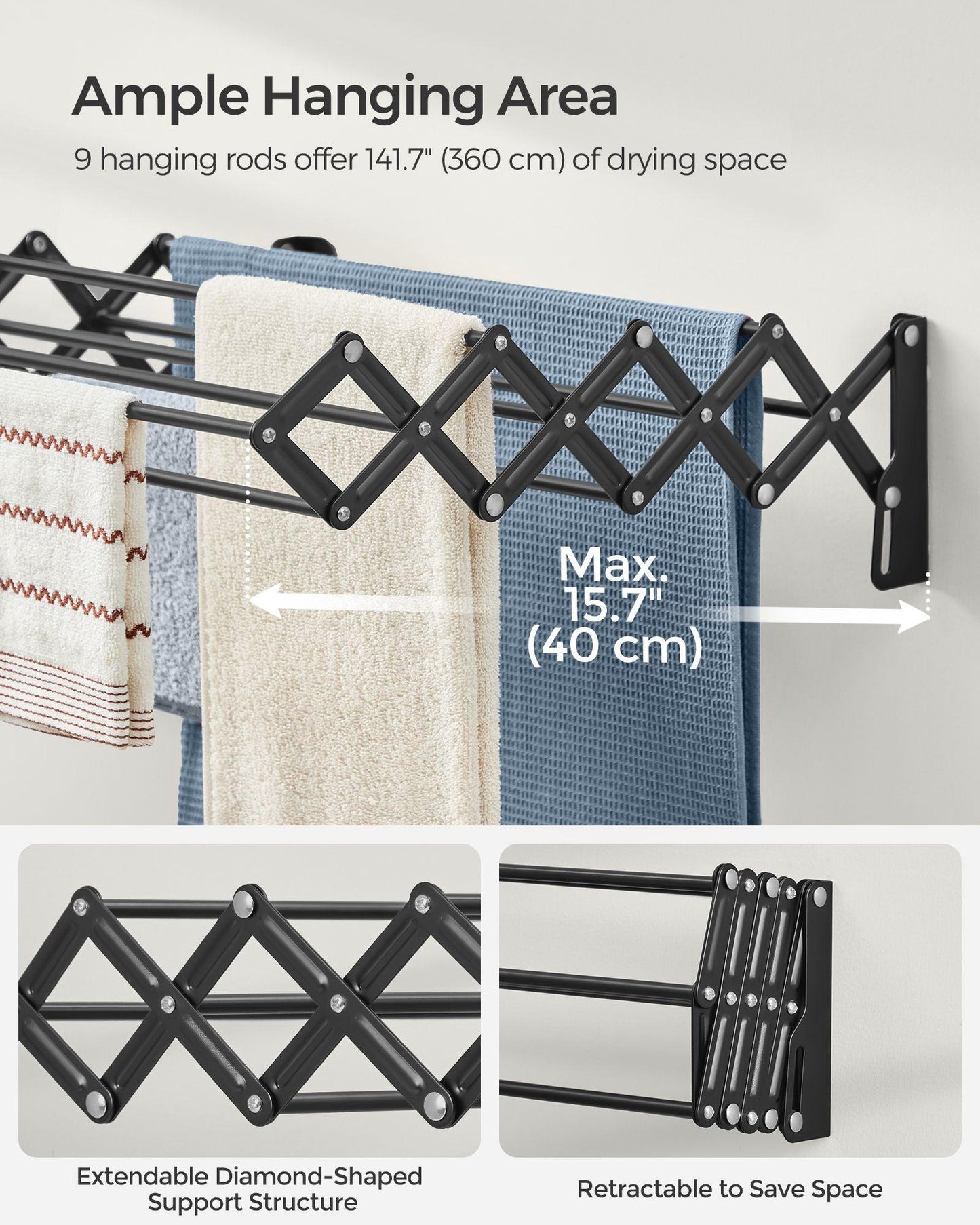 Wall-Mounted Expandable Steel Clothes Drying Rack with 9 Hanging Rods Ink Black FredCo