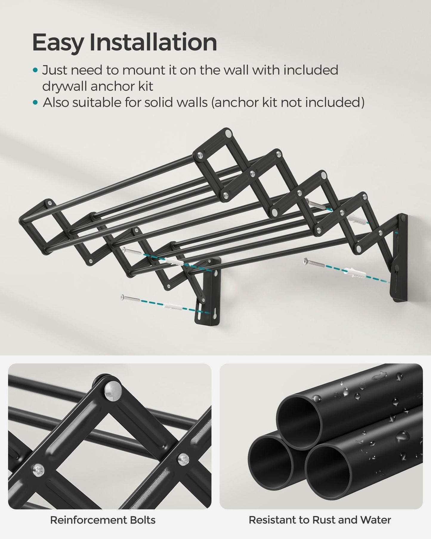 Wall-Mounted Expandable Steel Clothes Drying Rack with 9 Hanging Rods Ink Black FredCo