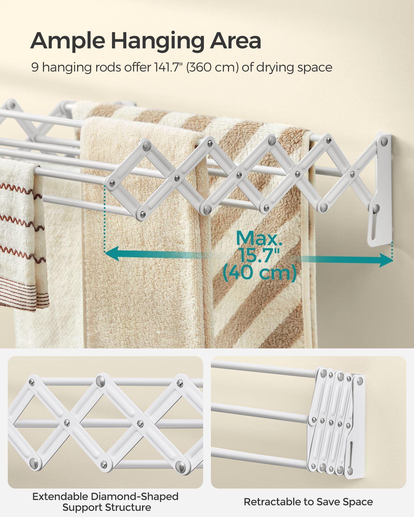 Wall-Mounted Expandable Steel Clothes Drying Rack with 9 Rods Cloud White FredCo