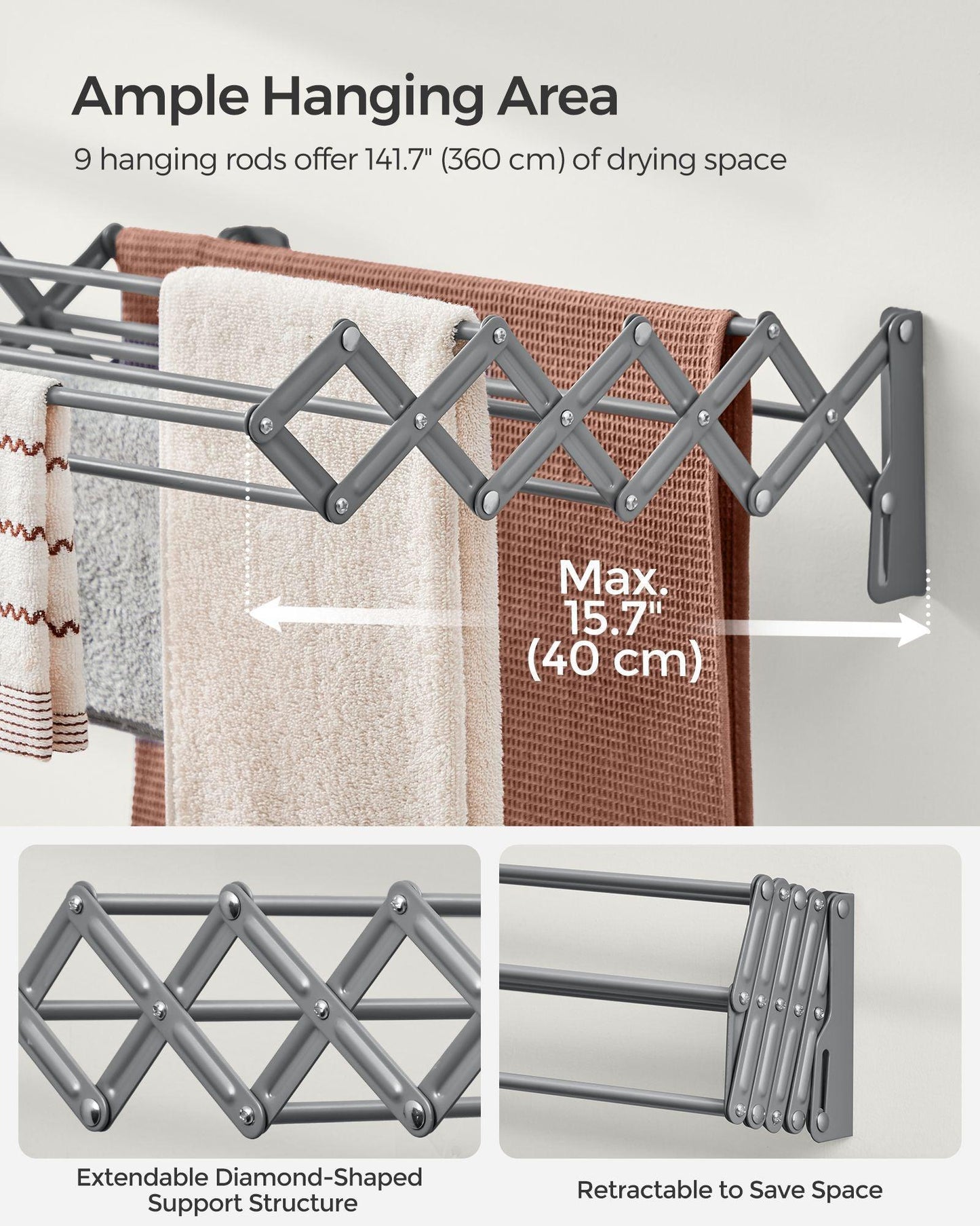 Wall-Mounted Expandable Steel Clothes Drying Rack with 9 Rods Dove Gray FredCo