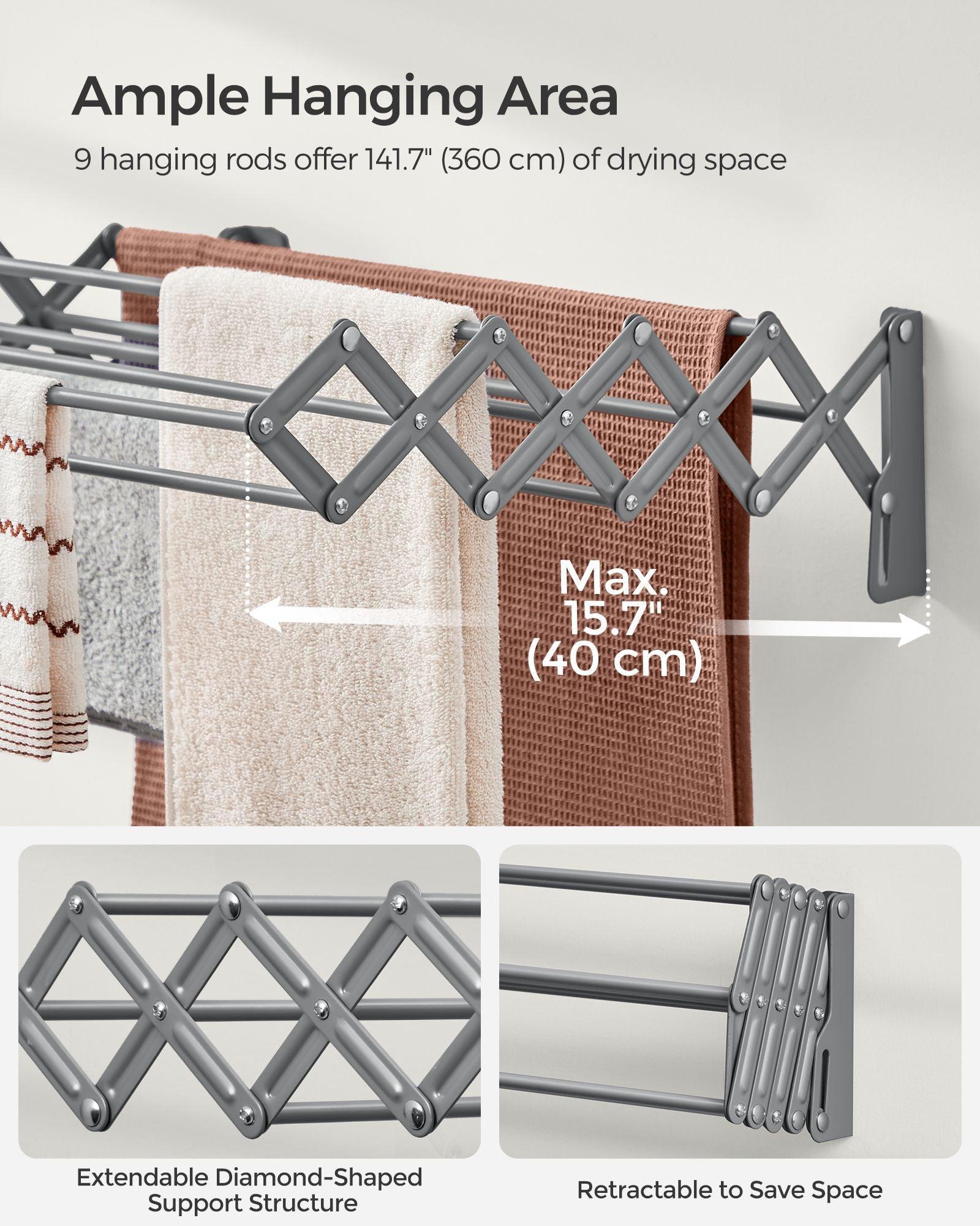 Wall-Mounted Expandable Steel Clothes Drying Rack with 9 Rods Dove Gray FredCo
