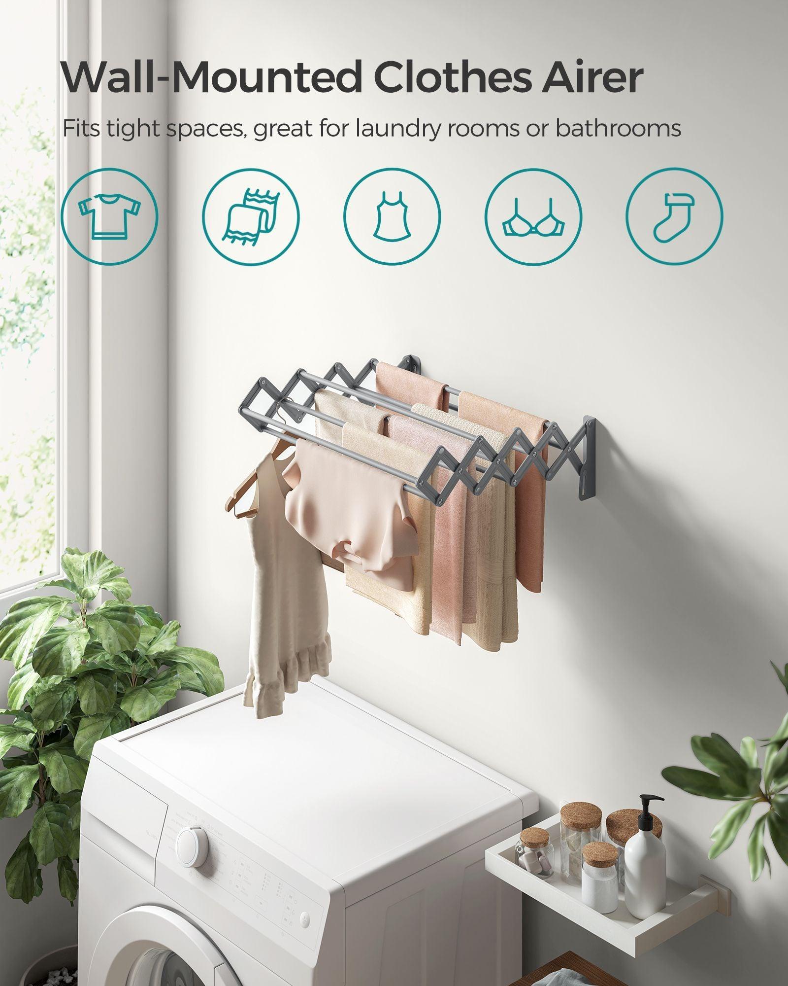 Wall-Mounted Expandable Steel Clothes Drying Rack with 9 Rods Dove Gray FredCo