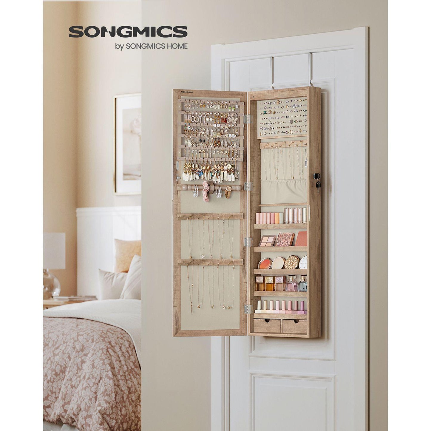 Wall Mounted Mirror Jewelry Cabinet Toasted Oak FredCo