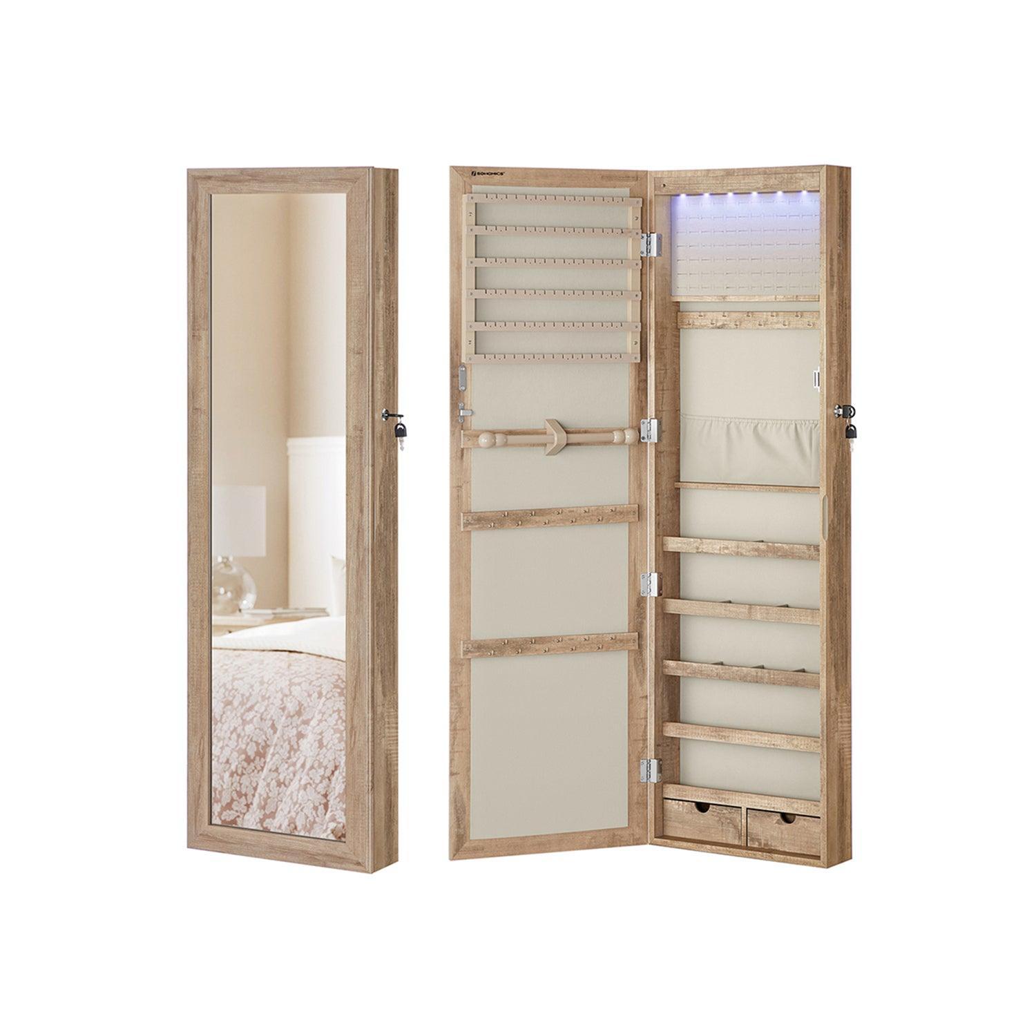 Wall Mounted Mirror Jewelry Cabinet Toasted Oak FredCo