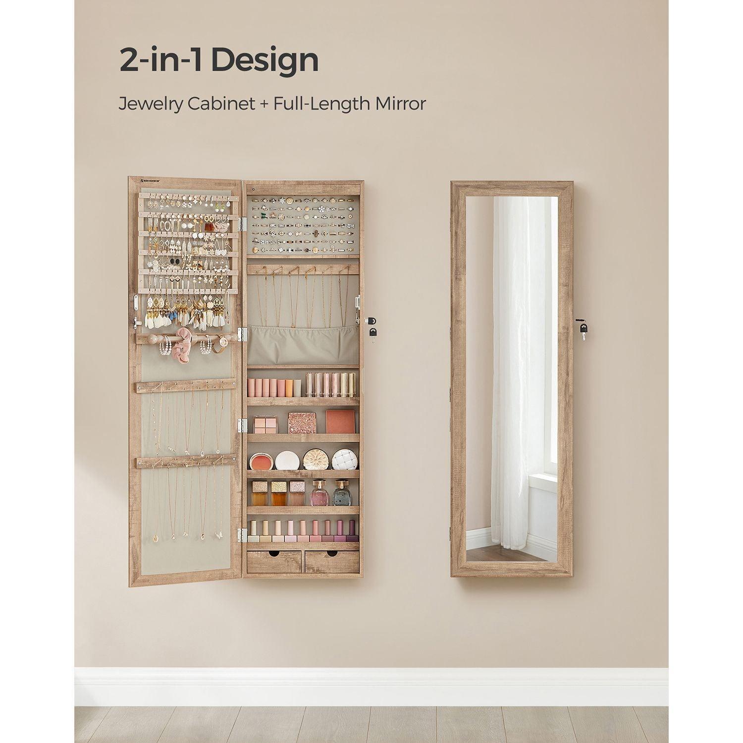 Wall Mounted Mirror Jewelry Cabinet Toasted Oak FredCo