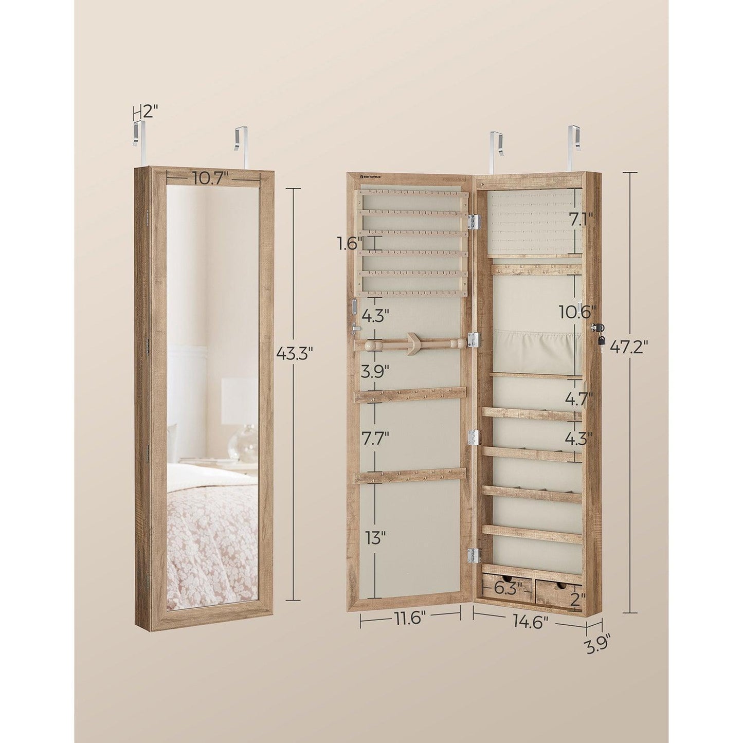 Wall Mounted Mirror Jewelry Cabinet Toasted Oak FredCo