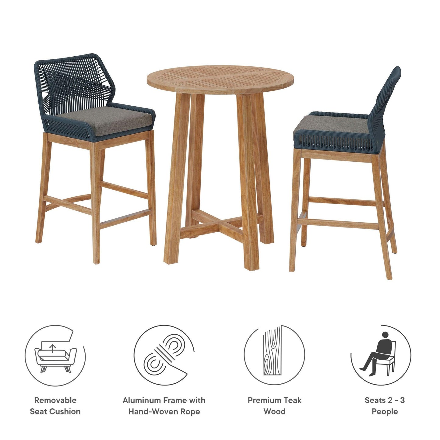 Wellspring 3-Piece Outdoor Patio Teak Wood Bar Set by Modway FredCo