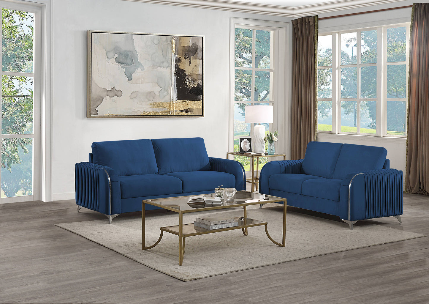 Wenona Blue Velvet 2 Pieces Living Room Set FredCo