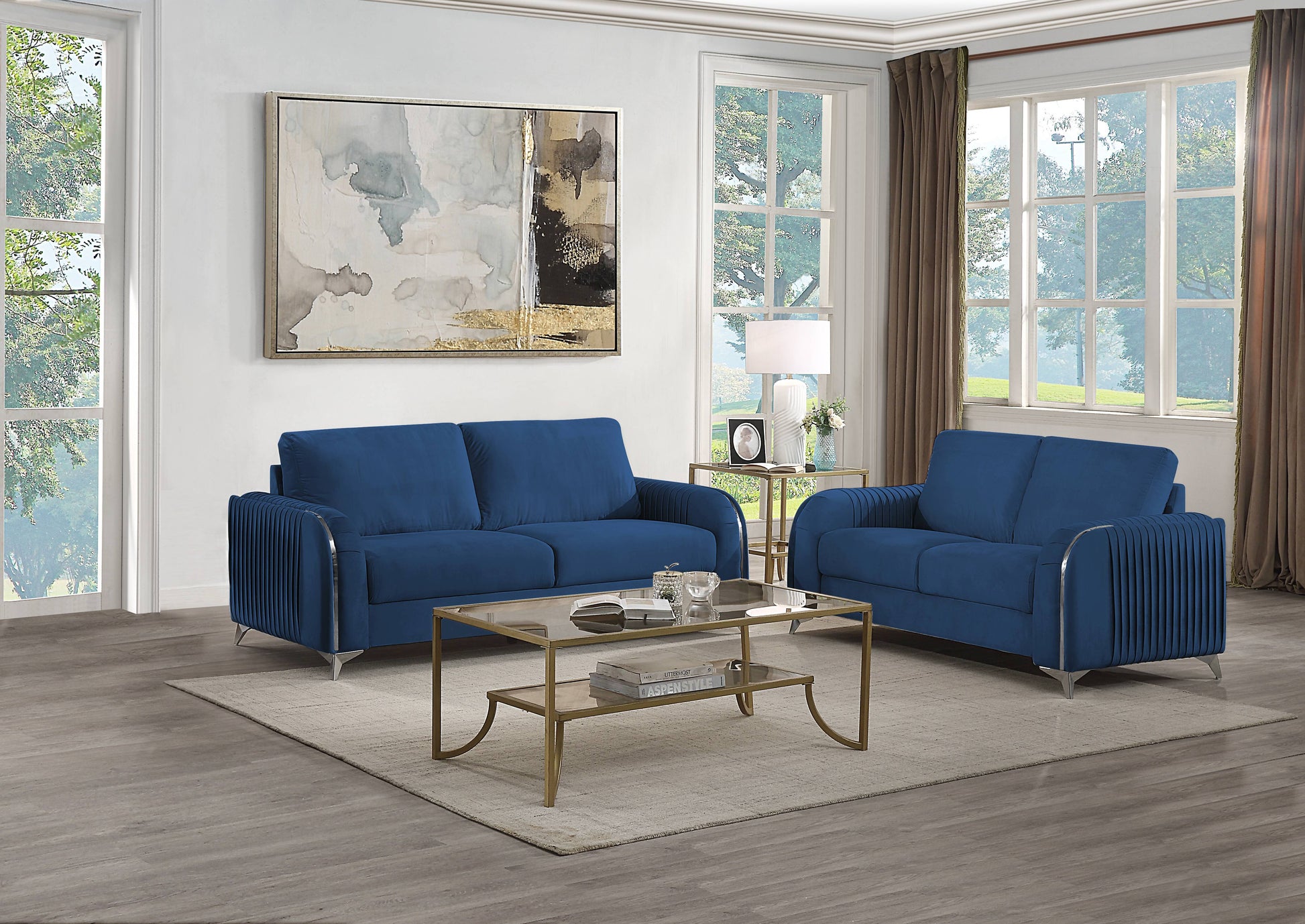 Wenona Blue Velvet 2 Pieces Living Room Set FredCo