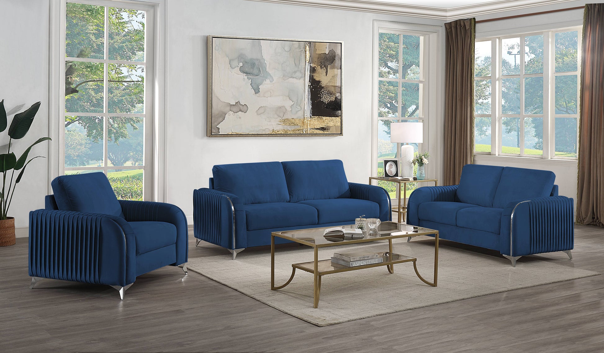 Wenona Blue Velvet 3 Pieces Living Room Set FredCo