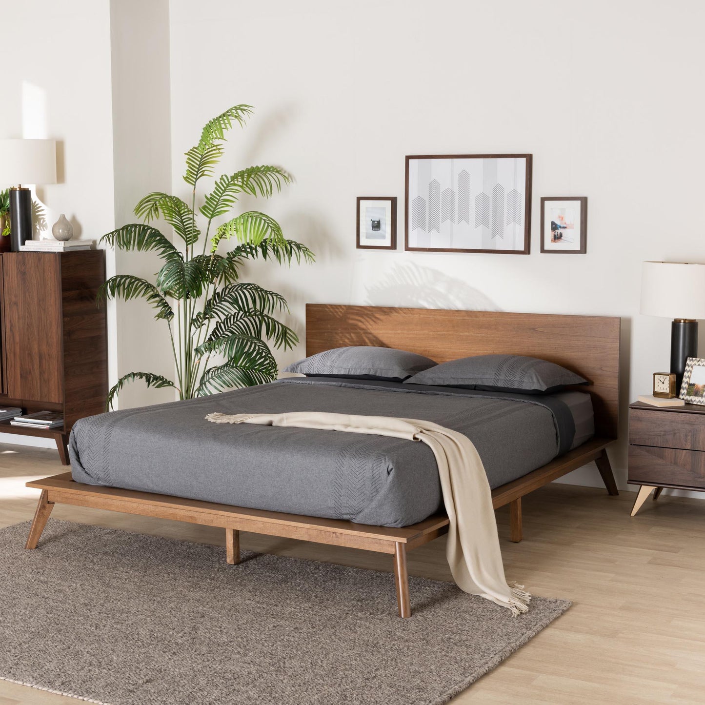 Wheatley Mid-Century Modern Walnut Brown Finished Wood Queen Size Platform Bed FredCo