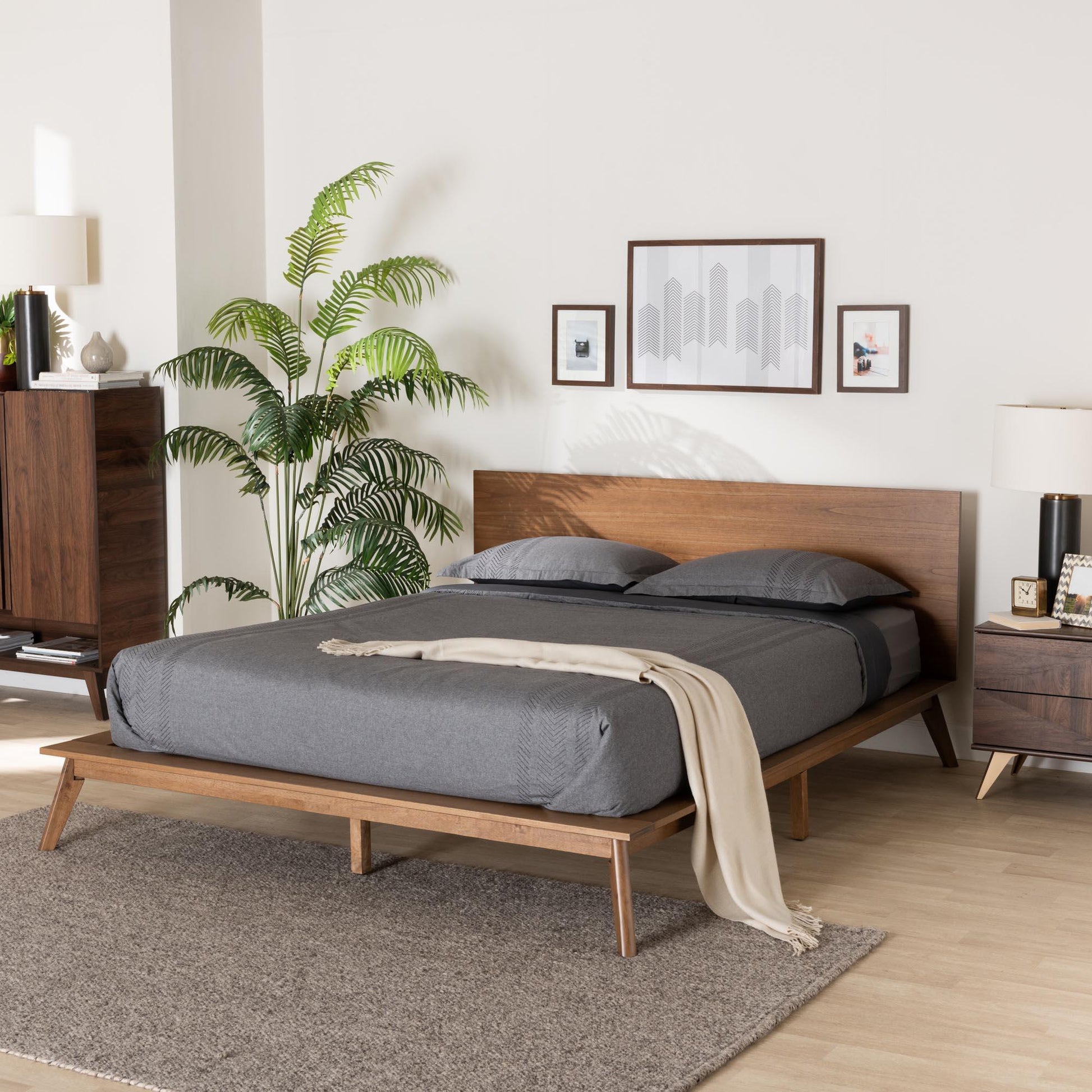 Wheatley Mid-Century Modern Walnut Brown Finished Wood Queen Size Platform Bed FredCo