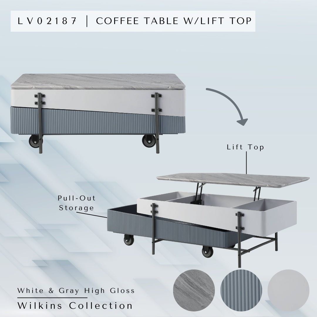 Wilkins Gray & White High Gloss Finish Coffee Table W/Lift Top FredCo