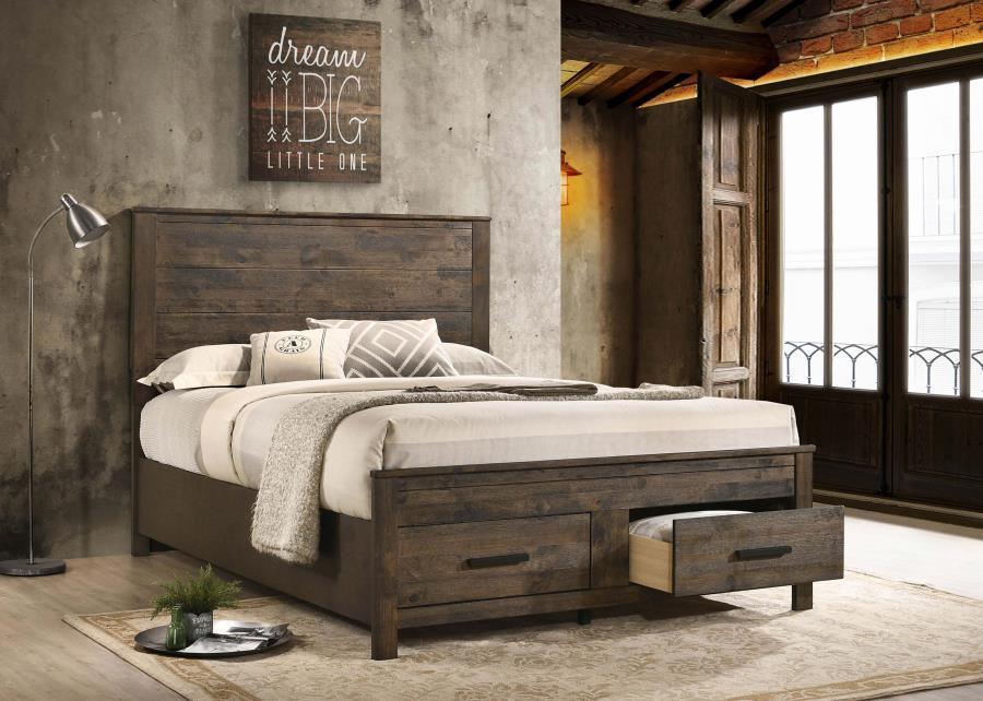 Woodmont 4-piece Eastern King Platform Bedroom Set Rustic Golden Brown Coaster FredCo