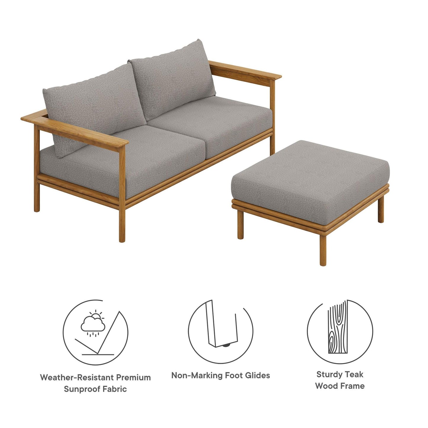 Wren 2-Piece Outdoor Patio Teak Wood Sofa and Ottoman Set by Modway FredCo