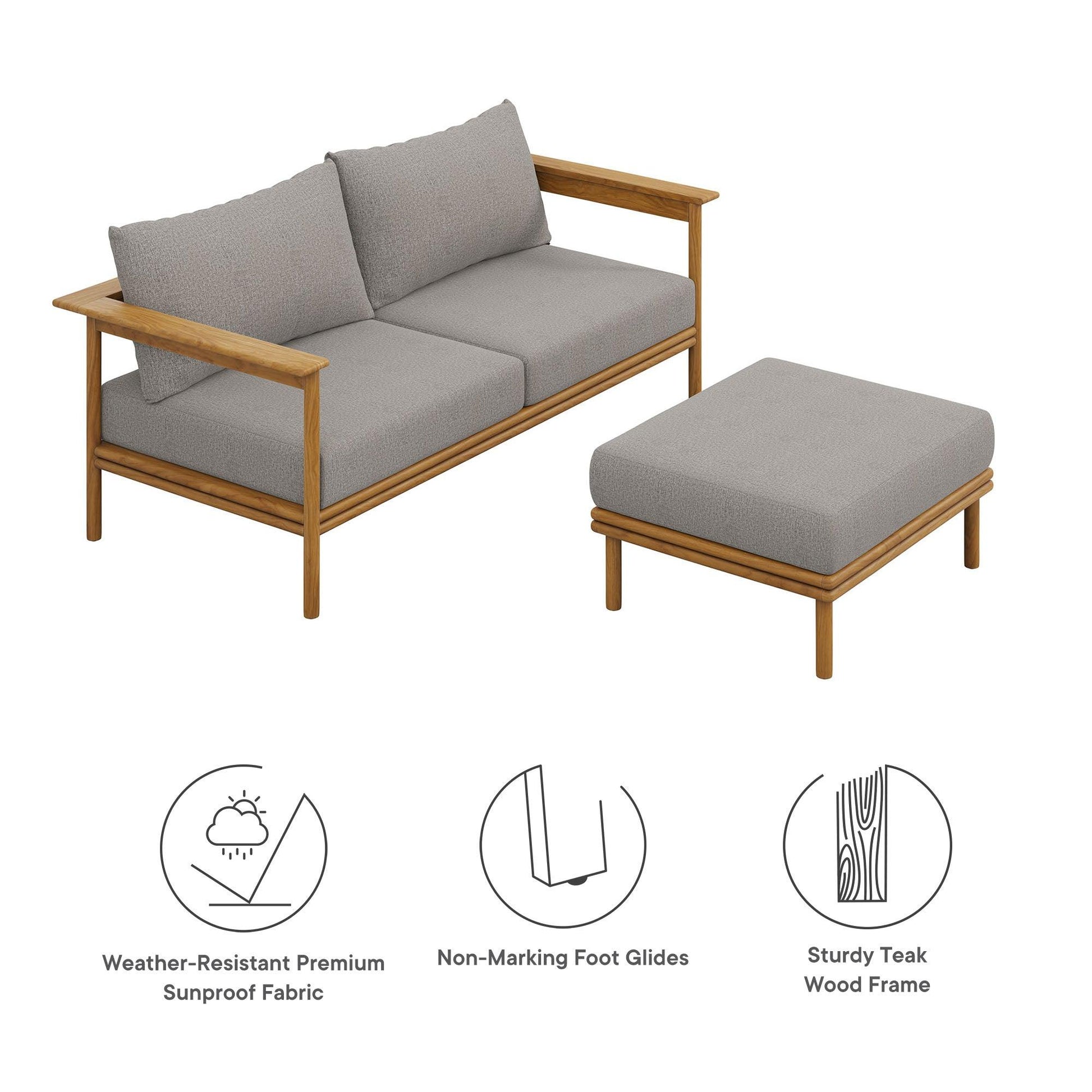Wren 2-Piece Outdoor Patio Teak Wood Sofa and Ottoman Set by Modway FredCo