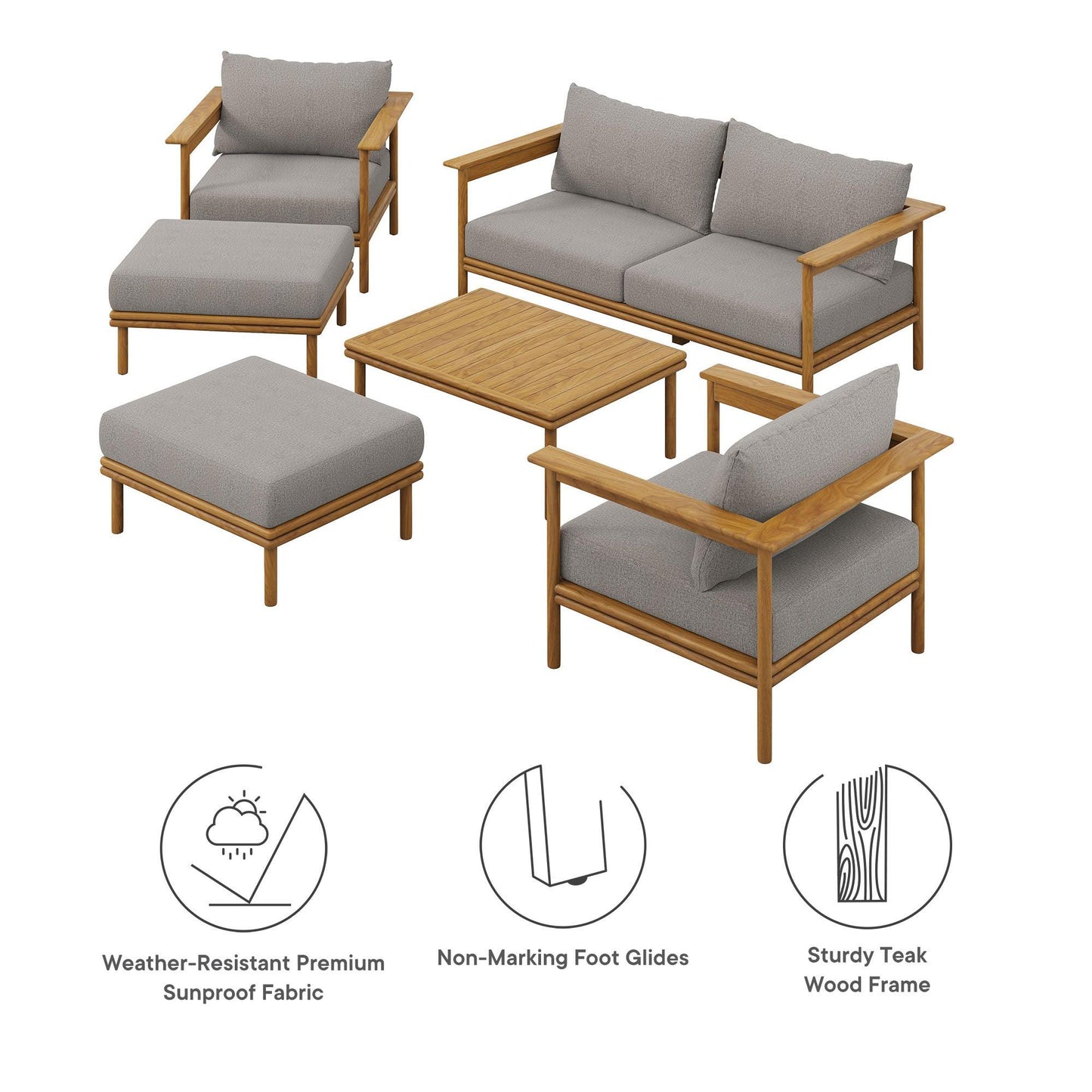 Wren 6-Piece Outdoor Patio Teak Wood Furniture Set by Modway FredCo