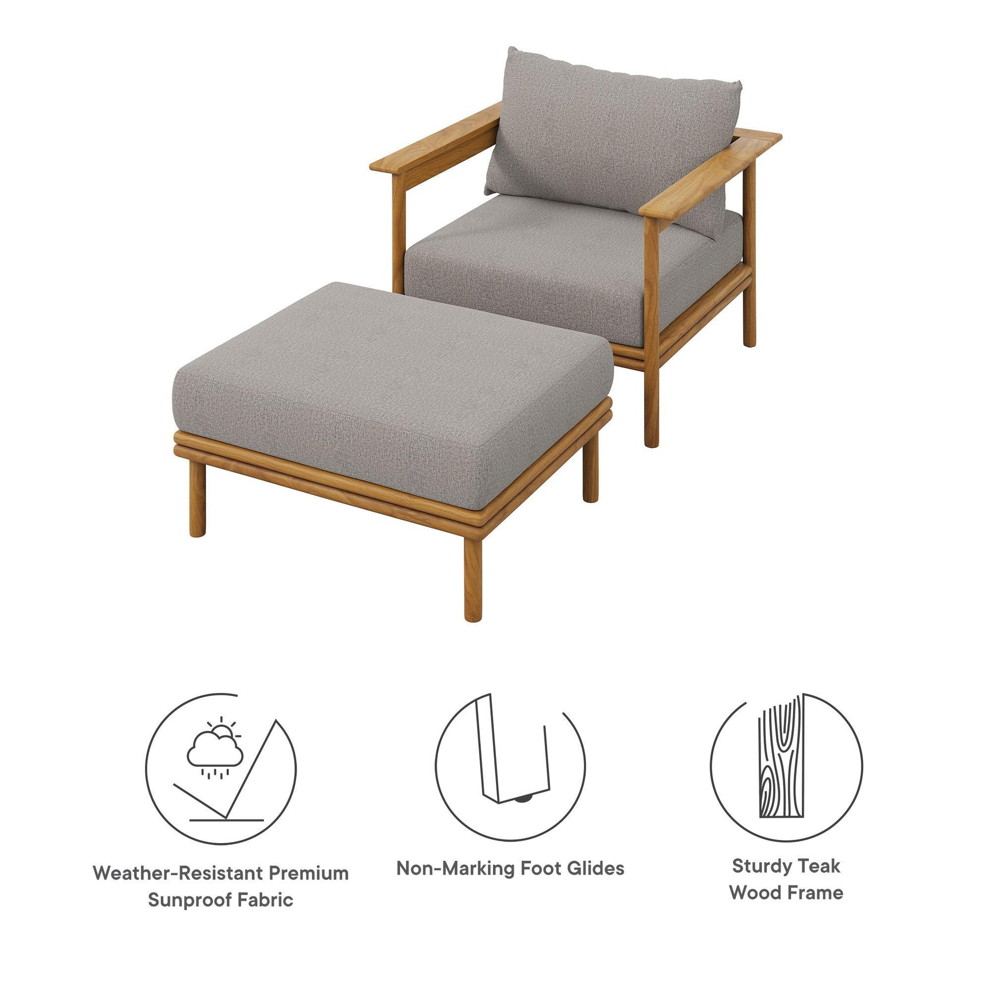 Wren Outdoor Patio Teak Wood Armchair and Ottoman Set by Modway FredCo