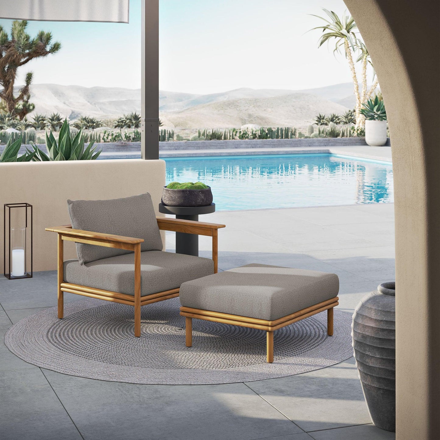 Wren Outdoor Patio Teak Wood Armchair and Ottoman Set by Modway FredCo