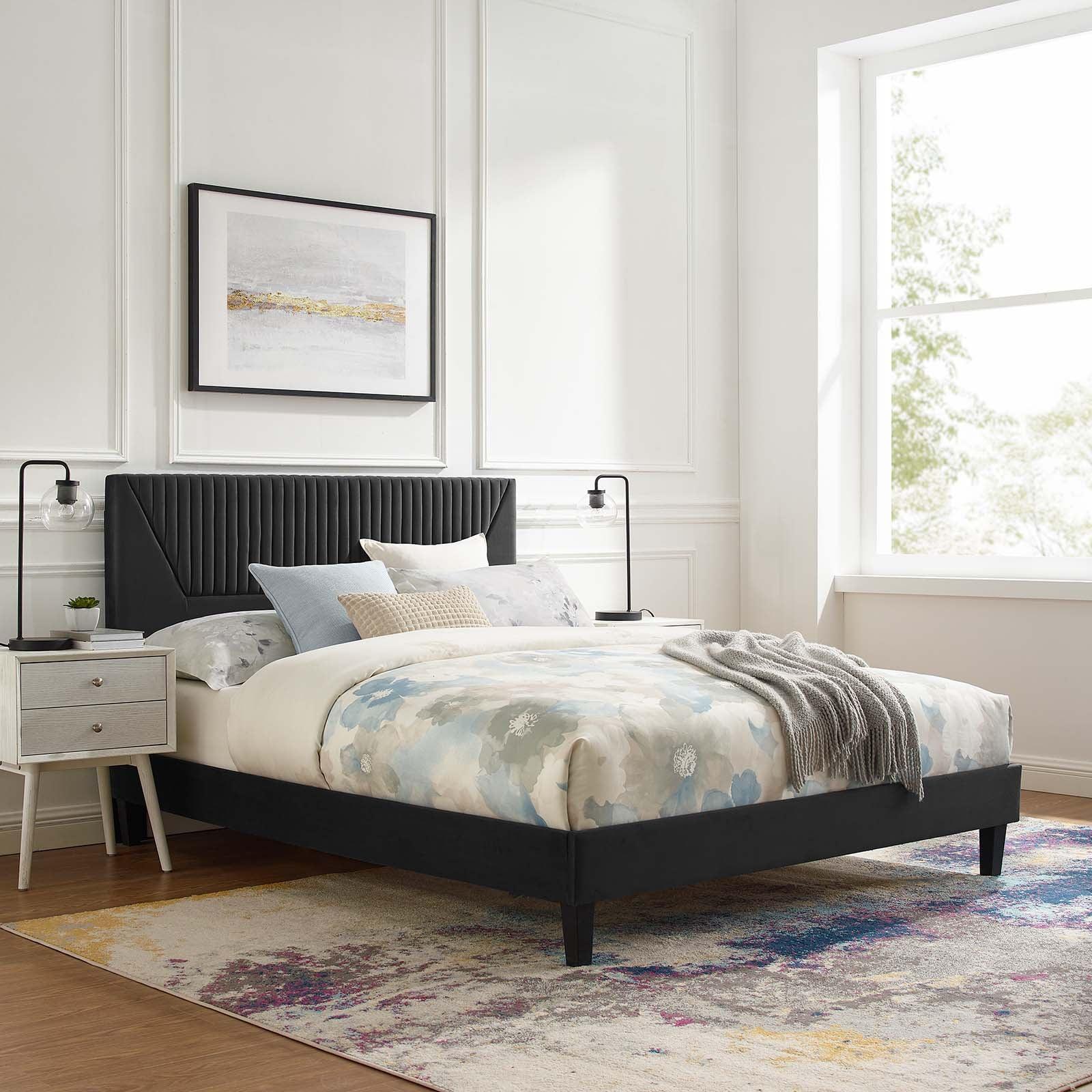 Yasmine Channel Tufted Performance Velvet Queen Platform Bed, MOD-6976 FredCo
