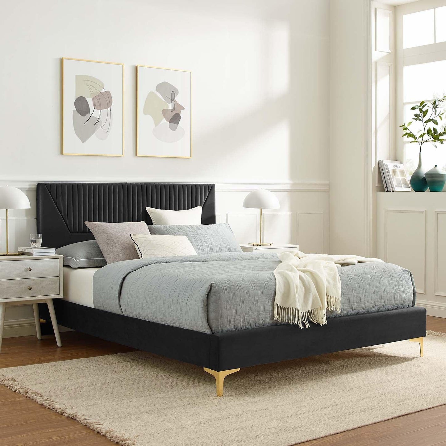 Yasmine Channel Tufted Performance Velvet Queen Platform Bed, MOD-6980 FredCo