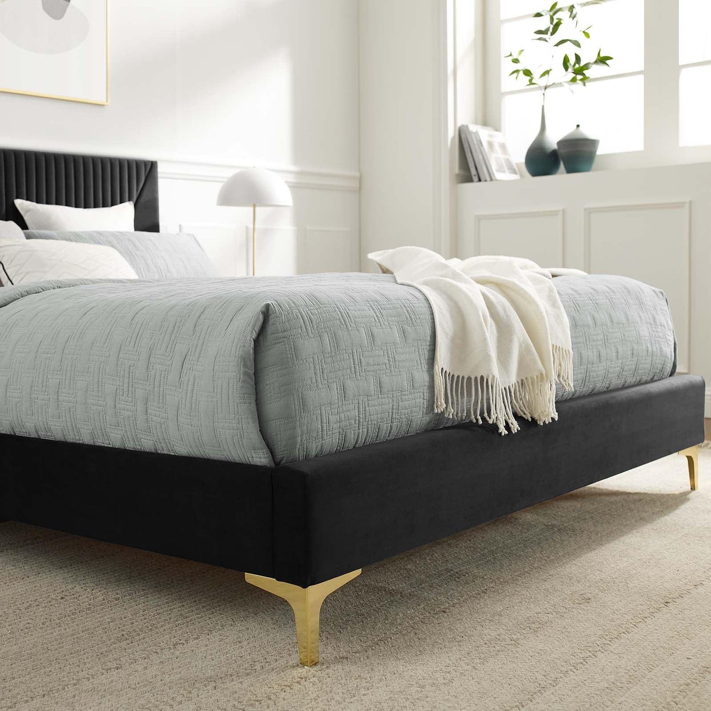 Yasmine Channel Tufted Performance Velvet Queen Platform Bed, MOD-6980 FredCo